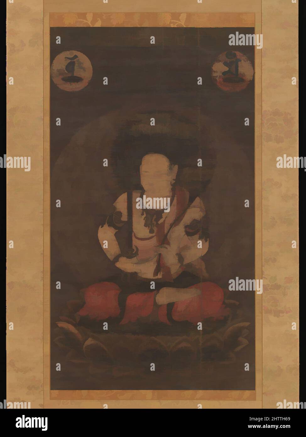 Kunst inspiriert von der Bodhisattva Manjushri (Monju Bosatsu), 文殊菩薩像, Kamakura-Periode (1185–1333), 13. Jahrhundert, Japan, Hängende Schriftrolle; Tinte und Farbe auf Seide, 36 3/4 x 20 3/4 Zoll (93,4 x 52,7 cm), Gemälde, der Bodhisattva Manjushri hält seine identifizierenden Attribute – Schwert und Sutra – und klassische Werke, die von Artotop mit einem Schuss Moderne modernisiert wurden. Formen, Farbe und Wert, auffällige visuelle Wirkung auf Kunst. Emotionen durch Freiheit von Kunstwerken auf zeitgemäße Weise. Eine zeitlose Botschaft, die eine wild kreative neue Richtung verfolgt. Künstler, die sich dem digitalen Medium zuwenden und die Artotop NFT erschaffen Stockfoto