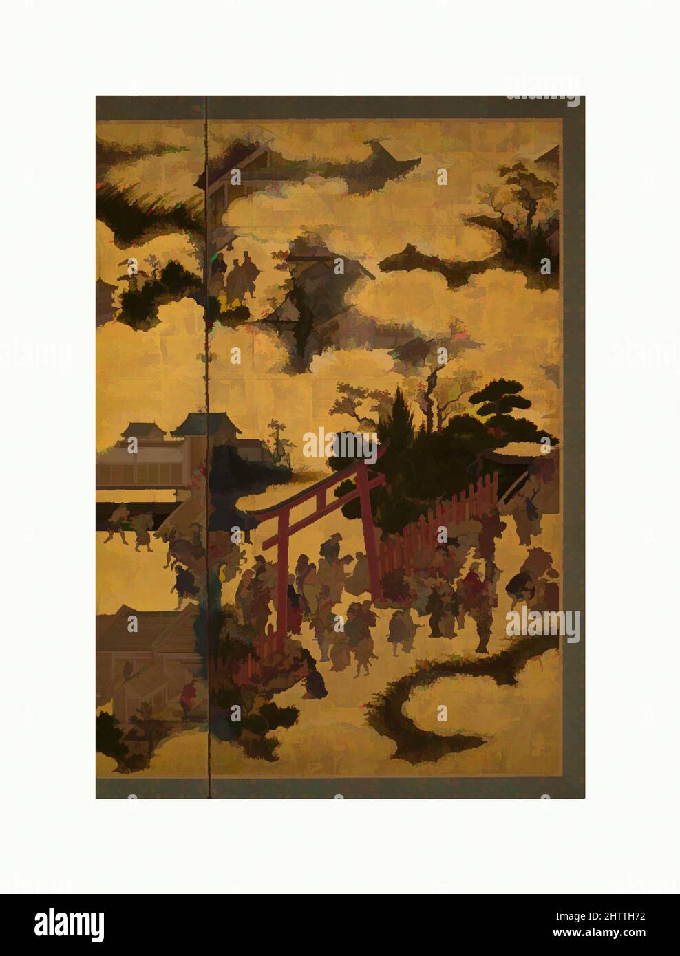 Kunst inspiriert von am Schrein-Tor, Edo-Zeit (1615–1868), 17. Jahrhundert, Japan, zweiteilige Faltwand; Tinte, Farbe und Gold auf Papier, 60 x 64 1/4 Zoll (152,4 x 163,2 cm), Leinwände, Diese Vogelperspektive auf einen schintoistischen Schrein und seine Umgebung bietet eine lebendige Szene des siebzehnten Jahrhunderts, Classic Works modernisiert von Artotop mit einem Schuss Moderne. Formen, Farbe und Wert, auffällige visuelle Wirkung auf Kunst. Emotionen durch Freiheit von Kunstwerken auf zeitgemäße Weise. Eine zeitlose Botschaft, die eine wild kreative neue Richtung verfolgt. Künstler, die sich dem digitalen Medium zuwenden und die Artotop NFT erschaffen Stockfoto