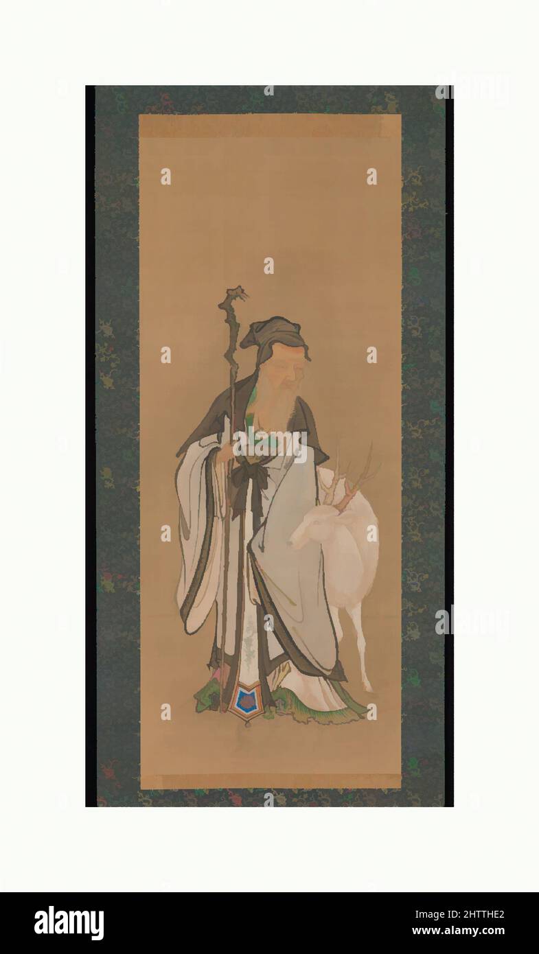 Kunst inspiriert von Jurōjin, Edo-Zeit (1615–1868), 19. Jahrhundert, Japan, hängende Schriftrolle; Tinte auf Seide, 36 11/16 x 15 Zoll (93,2 x 38,1 cm), Gemälde, Kano Tanshin Moromichi (japanisch, 1785–1835), Jurōjin, der Ende des elften Jahrhunderts in China gelebt haben soll, wird als ein altes, von Artotop modernisiertes, klassisches Werk mit einem Schuss Moderne gezeigt. Formen, Farbe und Wert, auffällige visuelle Wirkung auf Kunst. Emotionen durch Freiheit von Kunstwerken auf zeitgemäße Weise. Eine zeitlose Botschaft, die eine wild kreative neue Richtung verfolgt. Künstler, die sich dem digitalen Medium zuwenden und die Artotop NFT erschaffen Stockfoto