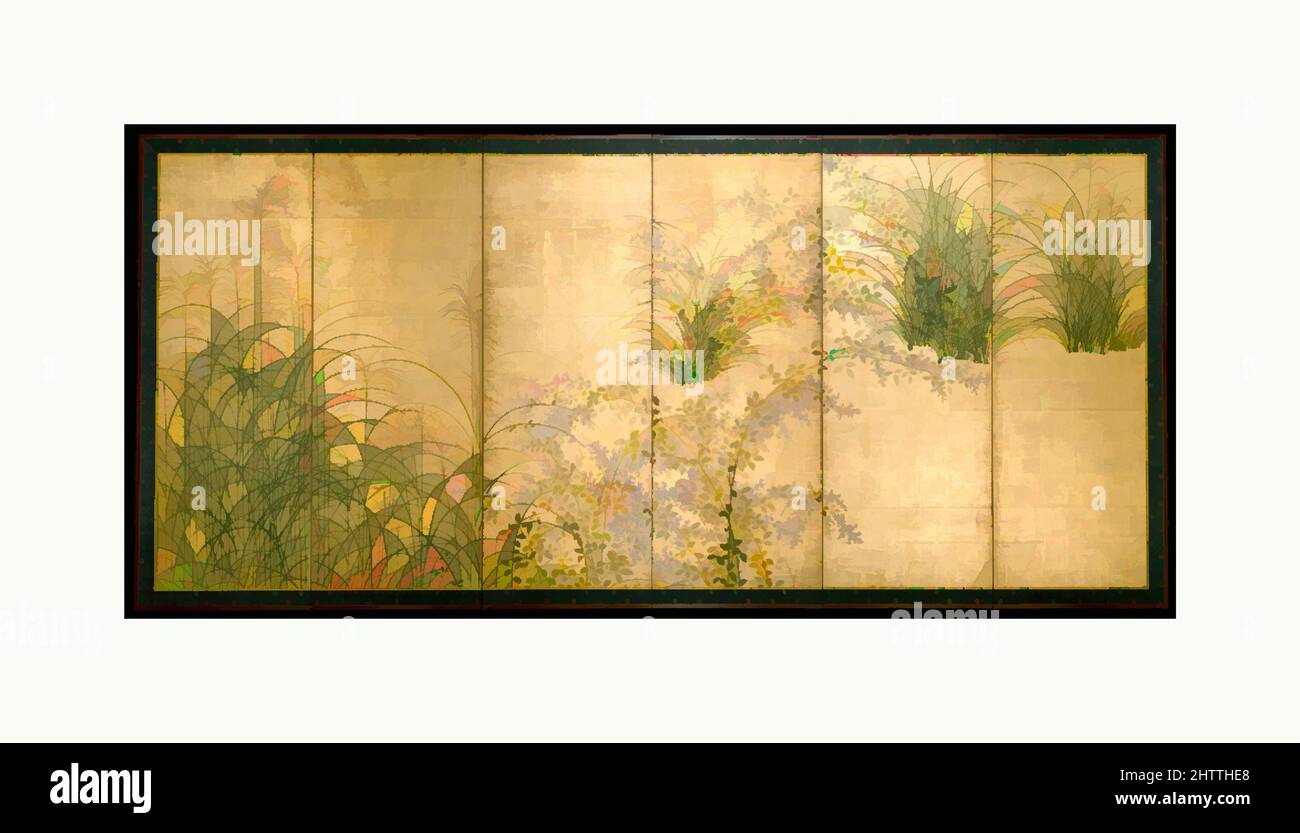 Von Herbstgräsern inspirierte Kunst, Edo-Zeit (1615–1868), erste Hälfte des 17.. Jahrhunderts, Japan, ein Paar sechsteilige Klappscheiben; Tinte und Farbe auf goldfarbenem Papier, insgesamt (pro Bildschirm): 60 5/16 Zoll x 11 Fuß 5 9/16 Zoll (153,2 x 349,4 cm), Leinwände, Gärten, die an verlassene Felder erinnern, klassische Werke, die von Artotop mit einem Schuss Moderne modernisiert wurden. Formen, Farbe und Wert, auffällige visuelle Wirkung auf Kunst. Emotionen durch Freiheit von Kunstwerken auf zeitgemäße Weise. Eine zeitlose Botschaft, die eine wild kreative neue Richtung verfolgt. Künstler, die sich dem digitalen Medium zuwenden und die Artotop NFT erschaffen Stockfoto