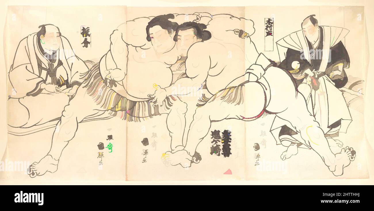 Kunst inspiriert von Sumo Wrestling, Edo-Zeit (1615–1868), 19. Jahrhundert, Japan, mattierte Malerei; Tinte auf Papier, 14 3/8 x 29 5/16 Zoll (36,5 x 74,5 cm), Gemälde, Utagawa Kunitreu (japanisch, 1830–1874), der Schiedsrichter, Einen Fan haltend, wird als Kimura und der Richter Furiwake identifiziert, ein ehemaliges, von Artotop modernisiertes, klassisches Werk mit einem Schuss Moderne. Formen, Farbe und Wert, auffällige visuelle Wirkung auf Kunst. Emotionen durch Freiheit von Kunstwerken auf zeitgemäße Weise. Eine zeitlose Botschaft, die eine wild kreative neue Richtung verfolgt. Künstler, die sich dem digitalen Medium zuwenden und die Artotop NFT erschaffen Stockfoto