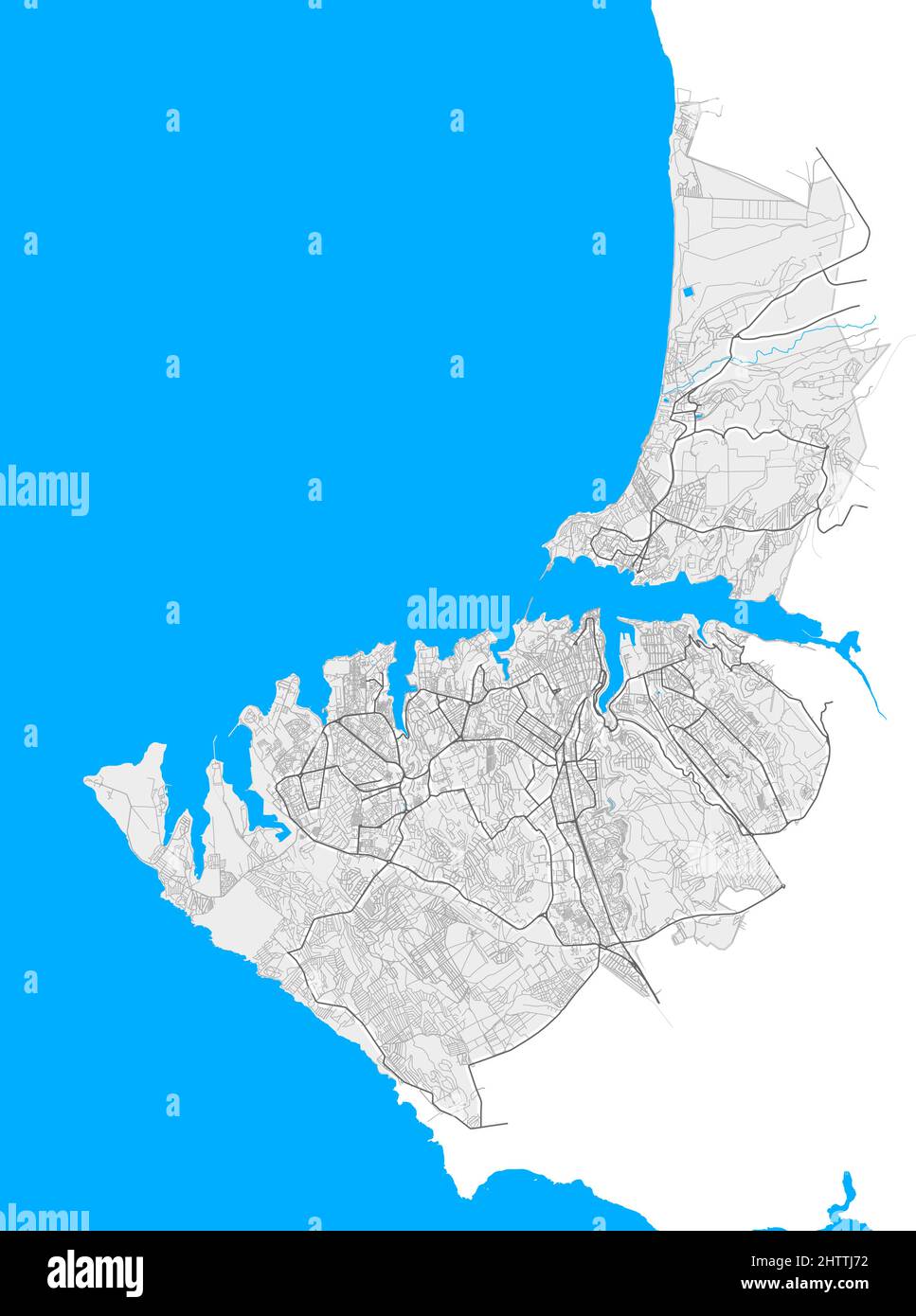 Sewastopol, Sewastopol, Ukraine hochauflösende Vektorkarte mit Stadtgrenzen und umrissenen Wegen. Weiße zusätzliche Umrisse für Hauptstraßen. Viele det Stock Vektor