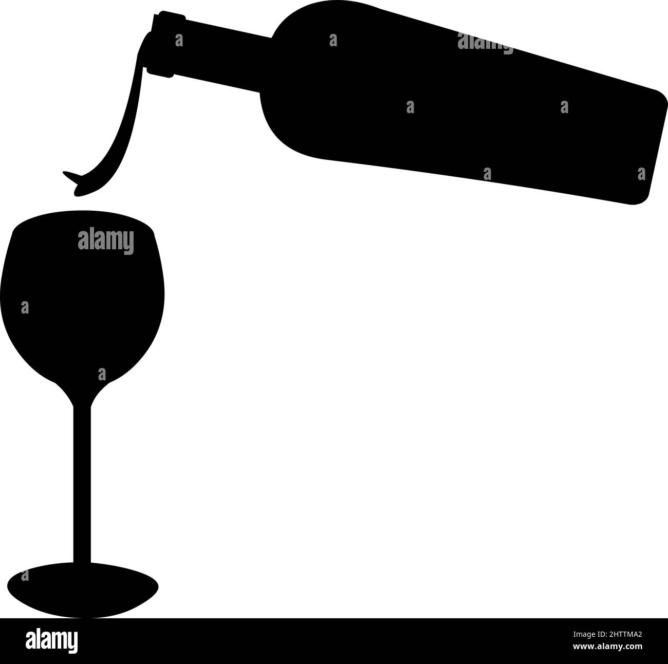 Vektordarstellung der schwarzen Silhouette einer Flasche Wein, die Flüssigkeit in ein Glas gießt Stock Vektor
