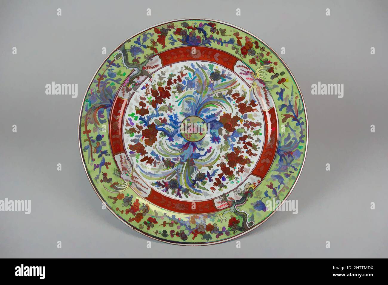 Kunst inspiriert von Dish, Qing-Dynastie (1644–1911), erste Hälfte des 19.. Jahrhunderts, China, Porzellan in Unterglasur blau und Überglasur polychrome Emaillen gemalt, Durchm. 15 1/8 Zoll (38,4 cm), Keramik, Klassisches von Artotop modernisiertes Werk mit einem Schuss Moderne. Formen, Farbe und Wert, auffällige visuelle Wirkung auf Kunst. Emotionen durch Freiheit von Kunstwerken auf zeitgemäße Weise. Eine zeitlose Botschaft, die eine wild kreative neue Richtung verfolgt. Künstler, die sich dem digitalen Medium zuwenden und die Artotop NFT erschaffen Stockfoto