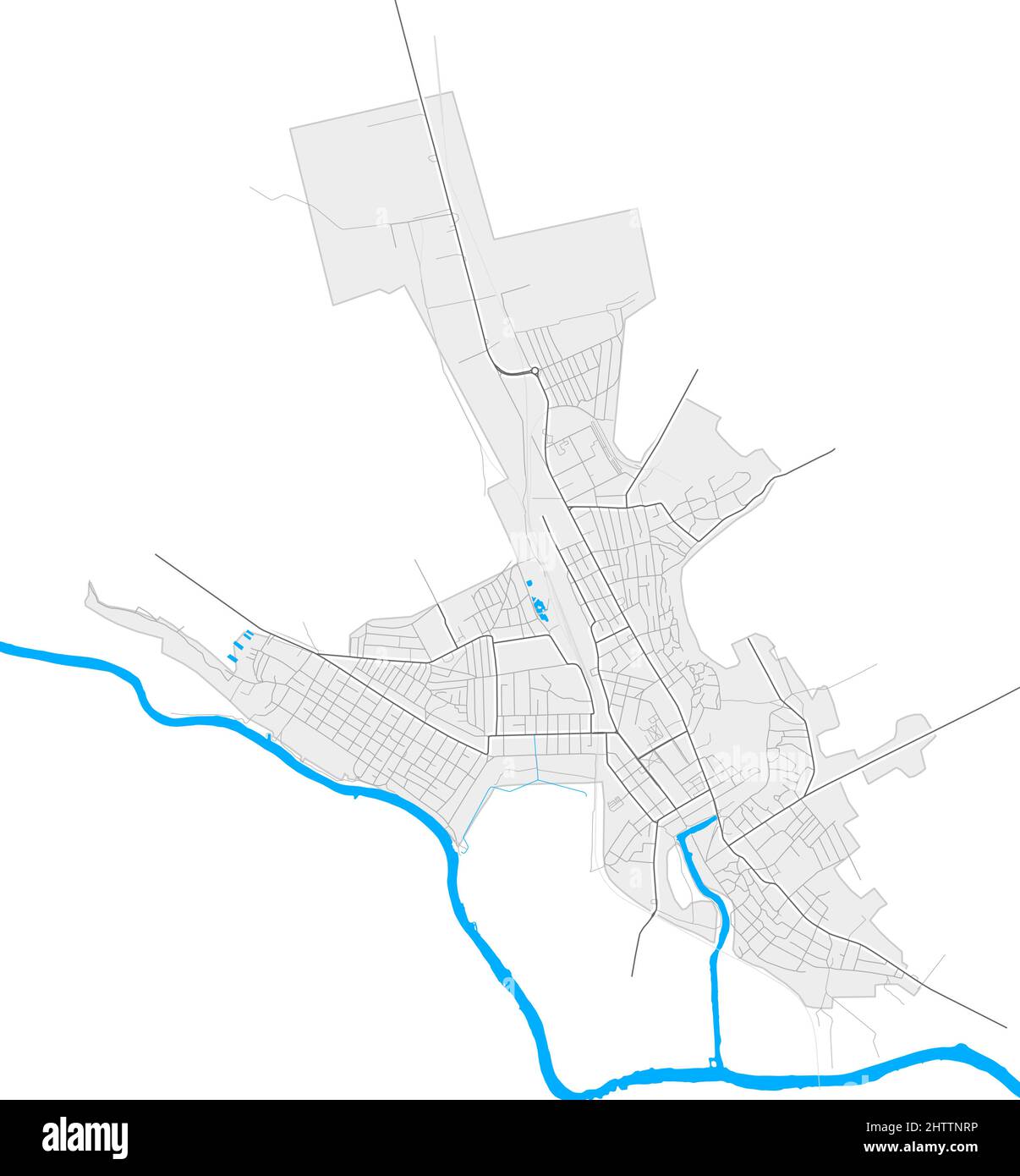 Voznesensk, Oblast Mykolaiv, Ukraine hochauflösende Vektorkarte mit Stadtgrenzen und umrissenen Pfaden. Weiße zusätzliche Umrisse für Hauptstraßen. Mann Stock Vektor
