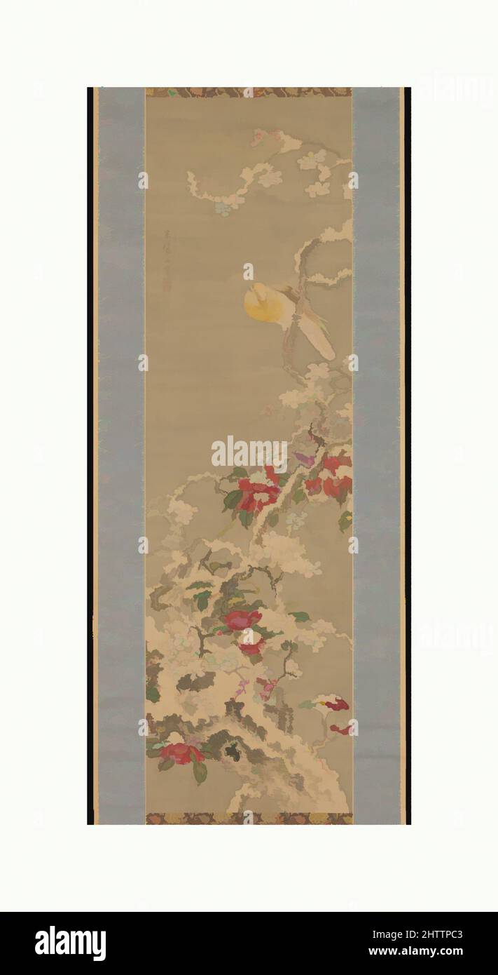 Kunst inspiriert von Vogel unter den Kamelien im Schnee, Edo-Zeit (1615–1868), Japan, hängende Schriftrolle; Tinte und Farbe auf Seide, Bild: 39 1/16 x 11 3/16 Zoll (99,2 x 28,4 cm), Gemälde, Sō Shiseki (japanisch, 1715–1786), Sō Shiseki, Geboren in Edo (heute Tokio), ging in die Hafenstadt Nagasaki, Classic Works modernisiert von Artotop mit einem Schuss Moderne. Formen, Farbe und Wert, auffällige visuelle Wirkung auf Kunst. Emotionen durch Freiheit von Kunstwerken auf zeitgemäße Weise. Eine zeitlose Botschaft, die eine wild kreative neue Richtung verfolgt. Künstler, die sich dem digitalen Medium zuwenden und die Artotop NFT erschaffen Stockfoto