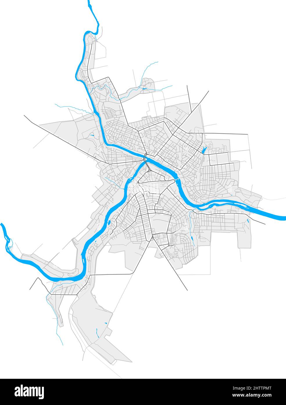 Pervomaisk, Oblast Mykolaiv, Ukraine hochauflösende Vektorkarte mit Stadtgrenzen und umrissenen Pfaden. Weiße zusätzliche Umrisse für Hauptstraßen. Mann Stock Vektor