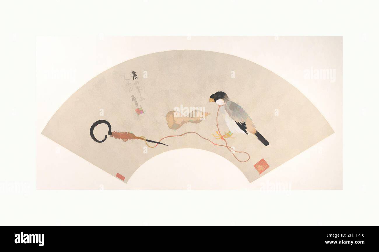 Kunst inspiriert von 清, 居巢, 鳥圖, 扇面, Bird, Qing-Dynastie (1644–1911), China, Faltfächer als Albumblatt montiert; Tusche und Farbe auf goldmelierten Papier, 7 x 20 7/8 Zoll (17,8 x 53 cm), Gemälde, Zhü Chao (Chinesisch, ca. 1823–1889), die Inschrift von Cü Chao auf diesem dekorativen Fächer besagt, dass der Vogel ist, klassische Werke, die von Artotop mit einem Schuss Moderne modernisiert wurden. Formen, Farbe und Wert, auffällige visuelle Wirkung auf Kunst. Emotionen durch Freiheit von Kunstwerken auf zeitgemäße Weise. Eine zeitlose Botschaft, die eine wild kreative neue Richtung verfolgt. Künstler, die sich dem digitalen Medium zuwenden und die Artotop NFT erschaffen Stockfoto