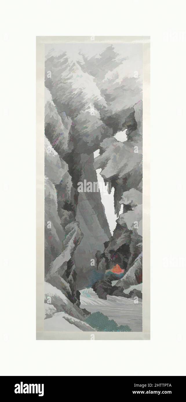 Kunst inspiriert von 清, 任預, 石室參禪圖, 軸, Meditation in einer Höhle, Qing-Dynastie (1644–1911), China, hängende Schriftrolle; Tinte und Farbe auf Papier, 44 7/8 x 15 3/8 Zoll (114,0 x 39,1 cm), Gemälde, Ren Yu (Chinesisch, 1853–1901), Ren Yu war der jüngste der vier Rens, aber er konnte dennoch, von Artotop modernisierte klassische Werke mit einem Schuss Moderne. Formen, Farbe und Wert, auffällige visuelle Wirkung auf Kunst. Emotionen durch Freiheit von Kunstwerken auf zeitgemäße Weise. Eine zeitlose Botschaft, die eine wild kreative neue Richtung verfolgt. Künstler, die sich dem digitalen Medium zuwenden und die Artotop NFT erschaffen Stockfoto