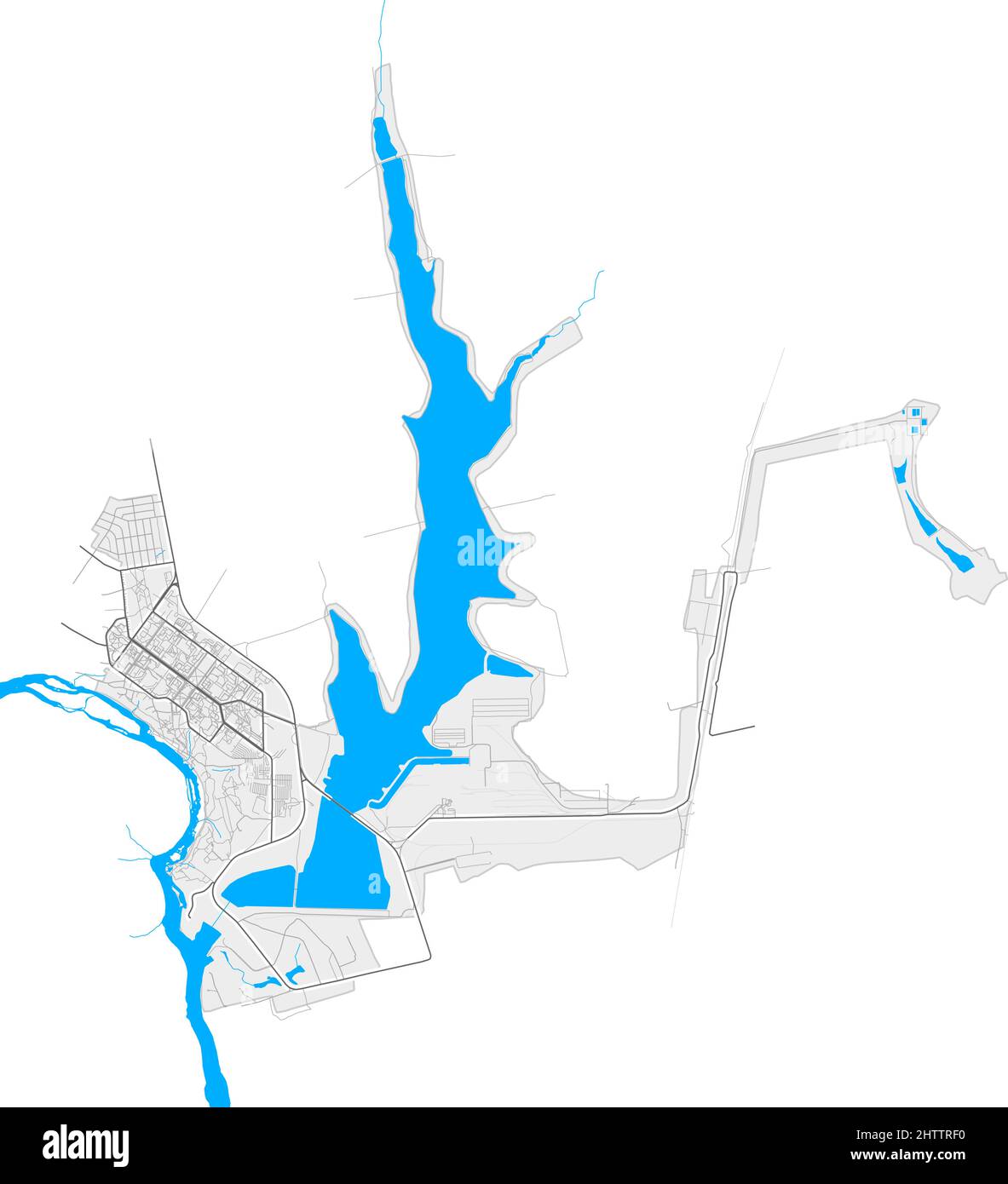 Yuzhnoukrainsk, Oblast Mykolaiv, Ukraine hochauflösende Vektorkarte mit Stadtgrenzen und umrissenen Pfaden. Weiße zusätzliche Umrisse für Hauptstraßen. Stock Vektor