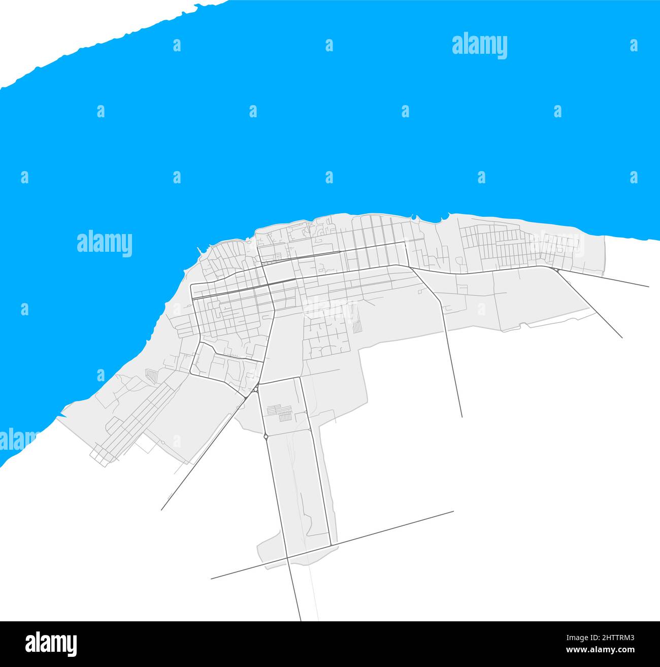 Kachowka, Cherson Oblast, Ukraine hochauflösende Vektorkarte mit Stadtgrenzen und umrissenen Pfaden. Weiße zusätzliche Umrisse für Hauptstraßen. Viele d Stock Vektor