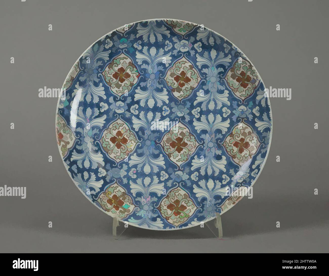 Art Inspired by Dish with Stylized Floral Pattern, Edo Period (1615–1868), 1670–80s, Japan, Porzellan mit Unterglasur in Blau und Überglasur in Emaille (Hizen Ware, Typ Nabeshima), H. 1 11/16 in. (4,3 cm); Durchm. 7 3/4 Zoll (19,7 cm), Keramik, Klassisches von Artotop modernisiertes Werk mit einem Schuss Moderne. Formen, Farbe und Wert, auffällige visuelle Wirkung auf Kunst. Emotionen durch Freiheit von Kunstwerken auf zeitgemäße Weise. Eine zeitlose Botschaft, die eine wild kreative neue Richtung verfolgt. Künstler, die sich dem digitalen Medium zuwenden und die Artotop NFT erschaffen Stockfoto