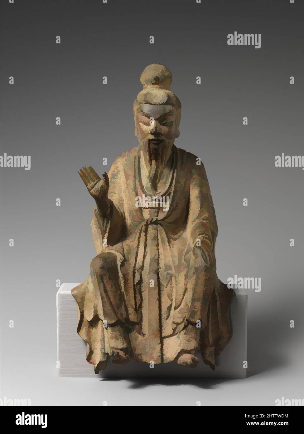 Kunst inspiriert von der Taoistischen Unsterblichen, wahrscheinlich Laozi (老子), fünf Dynastien (907–60), 10. Jahrhundert, China, Bleibronze, H. 9 1/2 Zoll (24,1 cm); B: 4 1/2 Zoll (11,4 cm), Skulptur, Diese Skulptur verkörpert die Verschmelzung religiöser und weltlicher Bilder in späteren chinesisch-buddhistischen, klassischen Werken, die von Artotop mit einem Schuss Moderne modernisiert wurden. Formen, Farbe und Wert, auffällige visuelle Wirkung auf Kunst. Emotionen durch Freiheit von Kunstwerken auf zeitgemäße Weise. Eine zeitlose Botschaft, die eine wild kreative neue Richtung verfolgt. Künstler, die sich dem digitalen Medium zuwenden und die Artotop NFT erschaffen Stockfoto