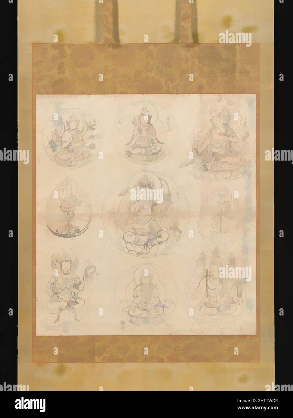 Kunst inspiriert von 愛染曼荼羅, Aizen Mandala, Heian-Zeit (794–1185), Kashō 2 (1107), Japan, Hängende Bildrolle; Tinte auf Papier, Bild: 23 × 21 Zoll (58,4 × 53,3 cm), Gemälde, Diese Tuschezeichnung aus dem frühen zwölften Jahrhundert scheint als Leitfaden für die Schaffung eines gemalten Mandalas gemacht worden zu sein – ein, Klassische Werke, die von Artotop mit einem Schuss Moderne modernisiert wurden. Formen, Farbe und Wert, auffällige visuelle Wirkung auf Kunst. Emotionen durch Freiheit von Kunstwerken auf zeitgemäße Weise. Eine zeitlose Botschaft, die eine wild kreative neue Richtung verfolgt. Künstler, die sich dem digitalen Medium zuwenden und die Artotop NFT erschaffen Stockfoto