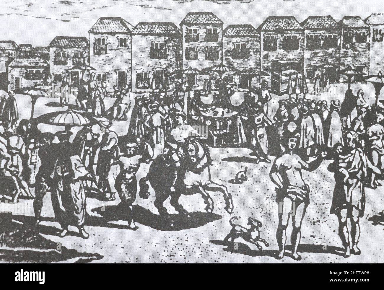 Messe in der westindischen Stadt Goa. Mittelalterliche Gravur. Stockfoto