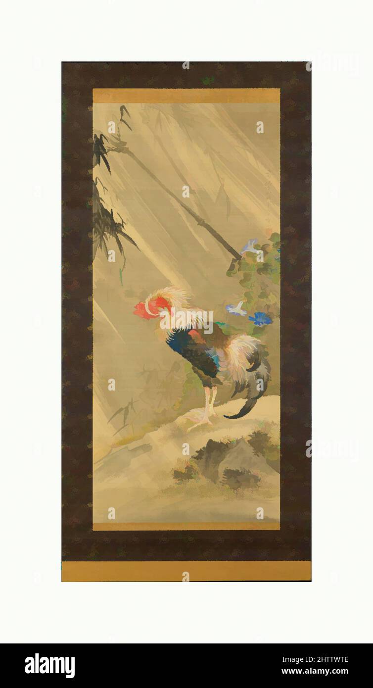 Kunst inspiriert von 宋紫山筆 嵐に鶏図, Hahn im Sturm, Edo-Zeit (1615–1868), 1783, Japan, hängende Schriftrolle; Tinte, Farbe und Gold auf Seide, 38 7/8 x 17 1/4 Zoll (98,7 x 43,8 cm), Gemälde, Sō Shizan (japanisch, 1733–1805), Diese Schriftrolle zeigt einen Hahn bei einem Regensturm. Der Künstler appliziert Tinte mit, Classic Works modernisiert von Artotop mit einem Spritzer der Moderne. Formen, Farbe und Wert, auffällige visuelle Wirkung auf Kunst. Emotionen durch Freiheit von Kunstwerken auf zeitgemäße Weise. Eine zeitlose Botschaft, die eine wild kreative neue Richtung verfolgt. Künstler, die sich dem digitalen Medium zuwenden und die Artotop NFT erschaffen Stockfoto
