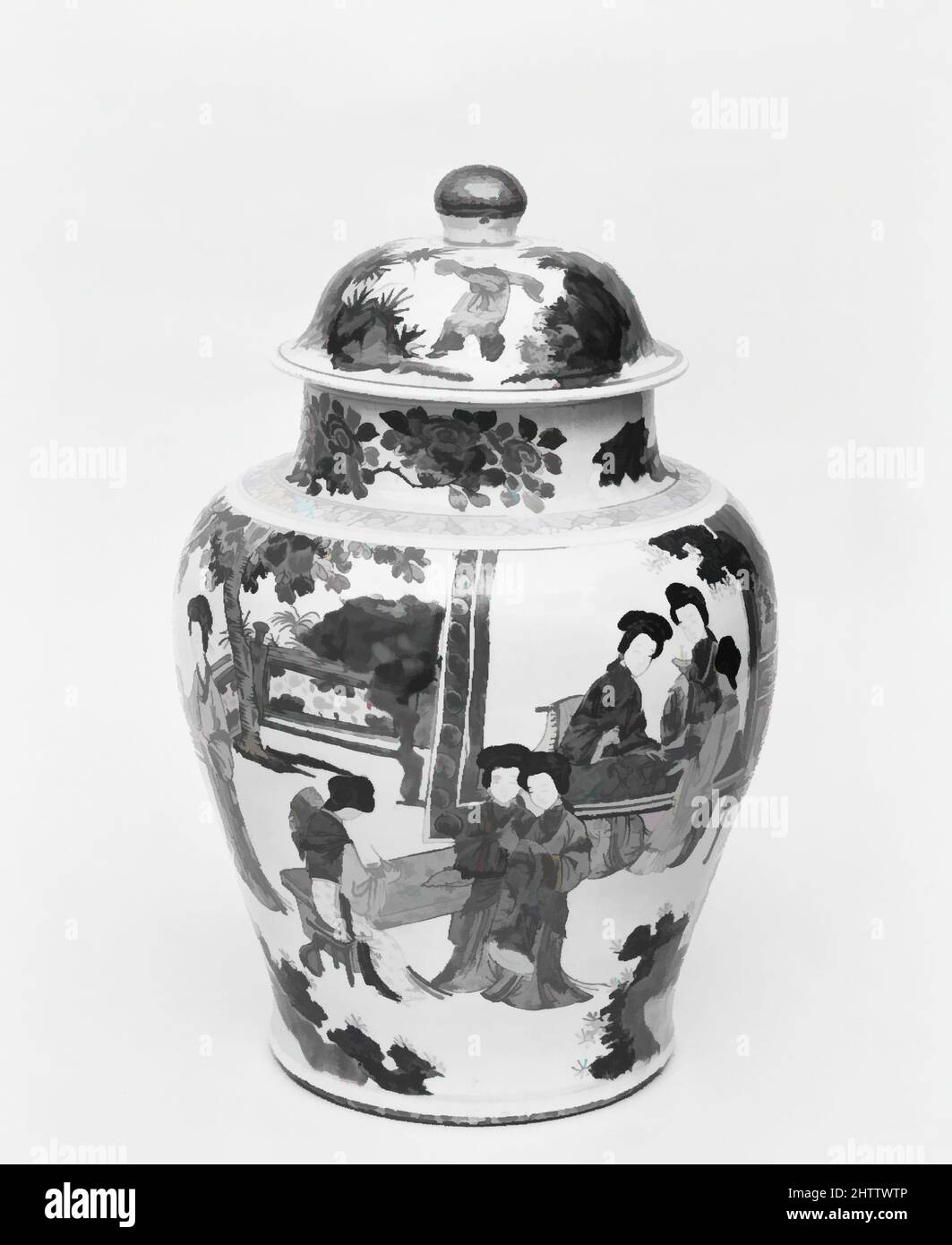 Kunst inspiriert von Jar mit Frauen in der Freizeit, Qing-Dynastie (1644–1911), Shunzhi-Periode (1644–61), Mitte des 17.. Jahrhunderts, China, Porzellan bemalt mit farbigen Emaillen über transparenter Glasur (Jingdezhen Ware), H. mit Deckel 19 7/8 Zoll (50,5 cm); Durchm. Am Mund 7 5/8 Zoll (19,4 cm), Keramik, Klassisches von Artotop modernisiertes Werk mit einem Schuss Moderne. Formen, Farbe und Wert, auffällige visuelle Wirkung auf Kunst. Emotionen durch Freiheit von Kunstwerken auf zeitgemäße Weise. Eine zeitlose Botschaft, die eine wild kreative neue Richtung verfolgt. Künstler, die sich dem digitalen Medium zuwenden und die Artotop NFT erschaffen Stockfoto