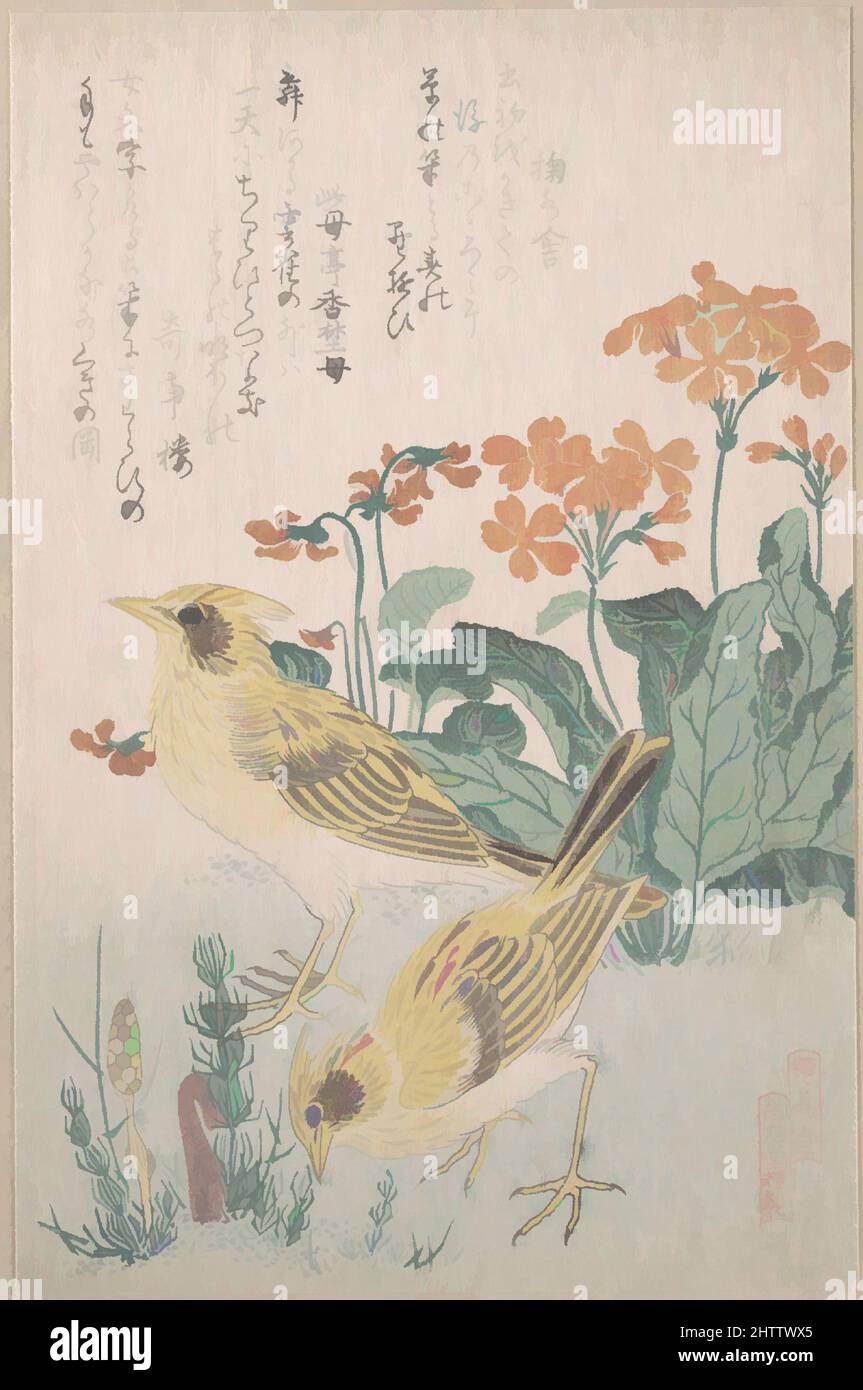 Kunst inspiriert von den Skylarks und Primrosen, aus der Serie an Array of Birds (Tori awase), aus dem Spring Rain Surimono Album (Harusame surimono-jō, Band 3), 『鳥合』 桜草に雲雀, Edo-Periode (1615–1868), ca. 1805–10, Japan, privat veröffentlichte mehrfarbige Holzschnitte (Surimono), die in einem Album montiert sind, Klassische Werke, die von Artotop mit einem Schuss Moderne modernisiert wurden. Formen, Farbe und Wert, auffällige visuelle Wirkung auf Kunst. Emotionen durch Freiheit von Kunstwerken auf zeitgemäße Weise. Eine zeitlose Botschaft, die eine wild kreative neue Richtung verfolgt. Künstler, die sich dem digitalen Medium zuwenden und die Artotop NFT erschaffen Stockfoto