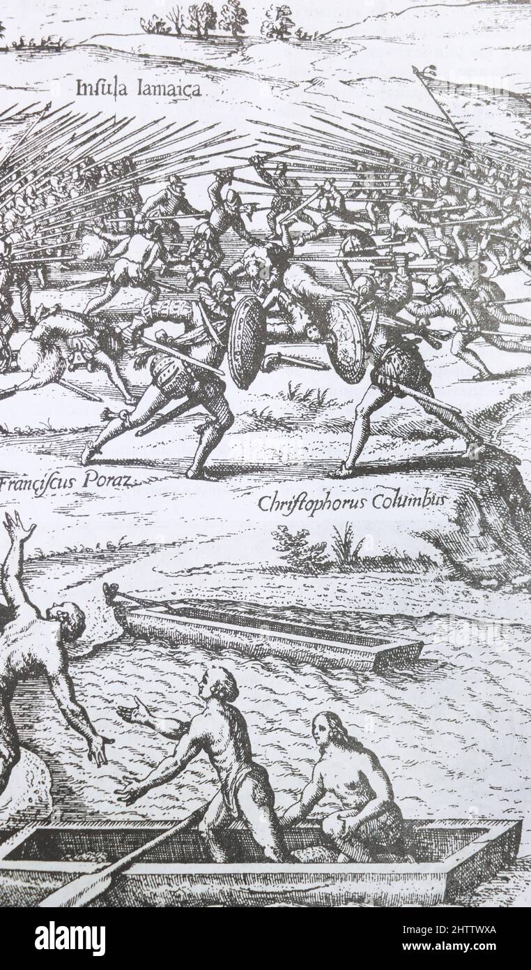 Die Schlacht von Kolumbus mit den Indianern. Mittelalterliche Gravur. Stockfoto