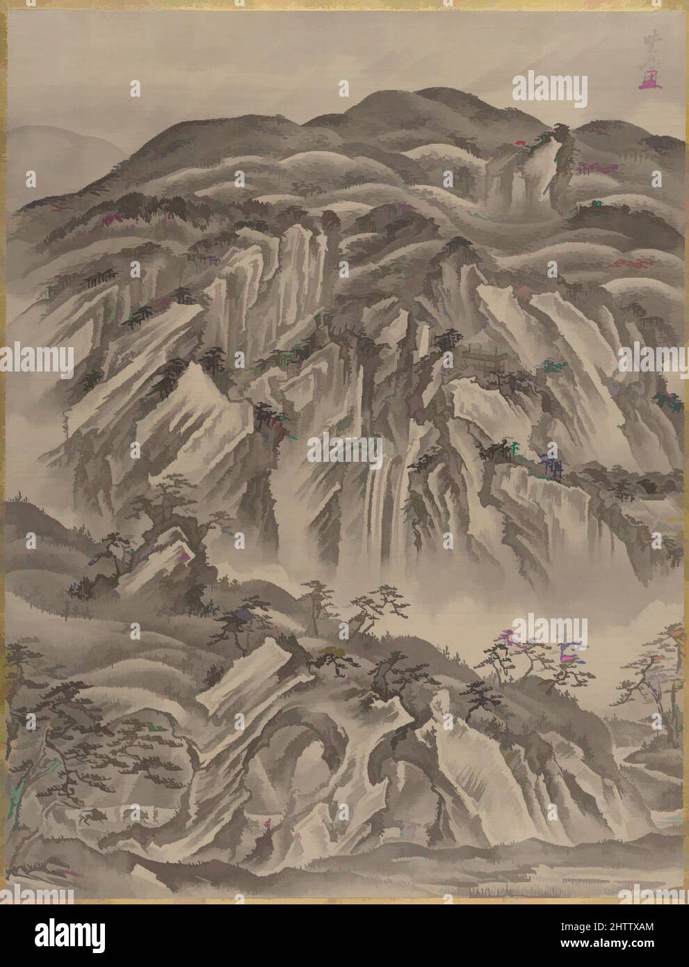 Kunst inspiriert von Rocky Landscape, Meiji-Zeit (1868–1912), ca. 1887, Japan, Albumblatt; Tinte und Farbe auf Seide, 14 1/4 x 10 7/8 Zoll (36,2 x 27,6 cm), Gemälde, Kawanabe Kyōsai (japanisch, 1831–1889, Klassische Werke, die von Artotop mit einem Schuss Moderne modernisiert wurden. Formen, Farbe und Wert, auffällige visuelle Wirkung auf Kunst. Emotionen durch Freiheit von Kunstwerken auf zeitgemäße Weise. Eine zeitlose Botschaft, die eine wild kreative neue Richtung verfolgt. Künstler, die sich dem digitalen Medium zuwenden und die Artotop NFT erschaffen Stockfoto