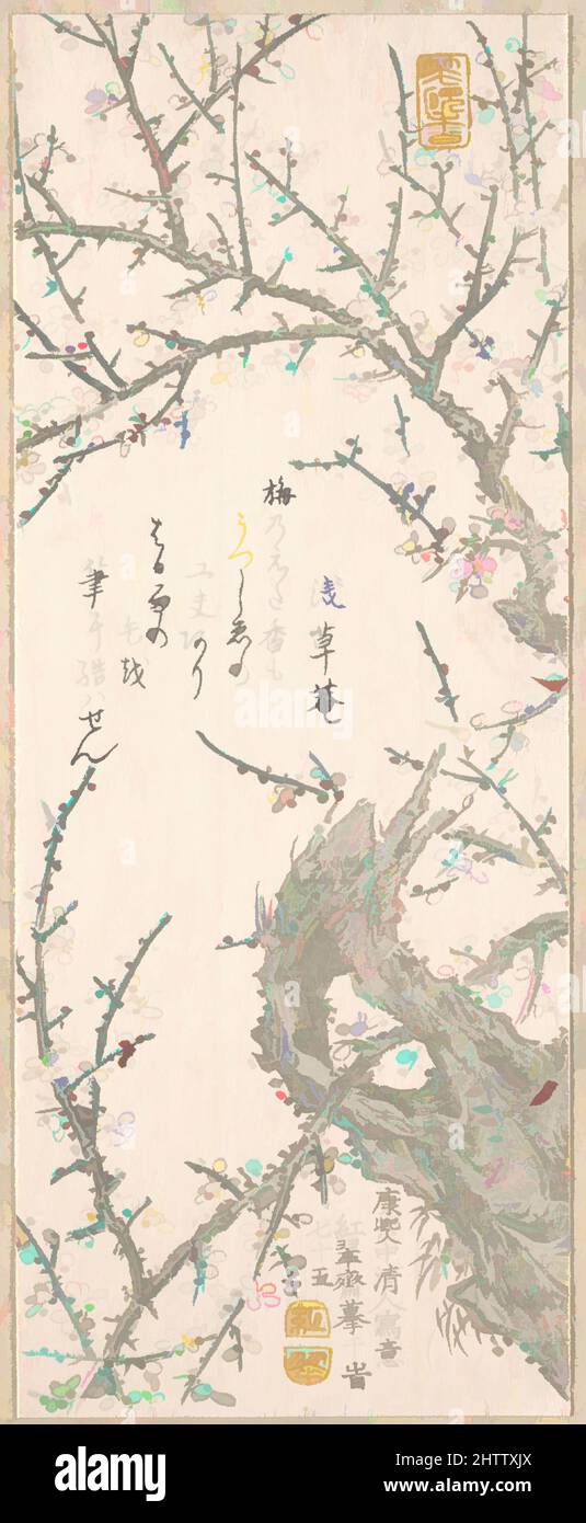 Kunst inspiriert von Pflaumenbaum in Blossom, Edo-Zeit (1615–1868), 1813, Japan, Polychromer Holzschnitt (Surimono); Tinte und Farbe auf Papier, 8 5/16 x 3 5/16 Zoll (21,1 x 8,4 cm), Drucke, Kitao Shigemasa (japanisch, 1739–1820, Klassisches Werk, modernisiert von Artotop mit einem Schuss Moderne. Formen, Farbe und Wert, auffällige visuelle Wirkung auf Kunst. Emotionen durch Freiheit von Kunstwerken auf zeitgemäße Weise. Eine zeitlose Botschaft, die eine wild kreative neue Richtung verfolgt. Künstler, die sich dem digitalen Medium zuwenden und die Artotop NFT erschaffen Stockfoto