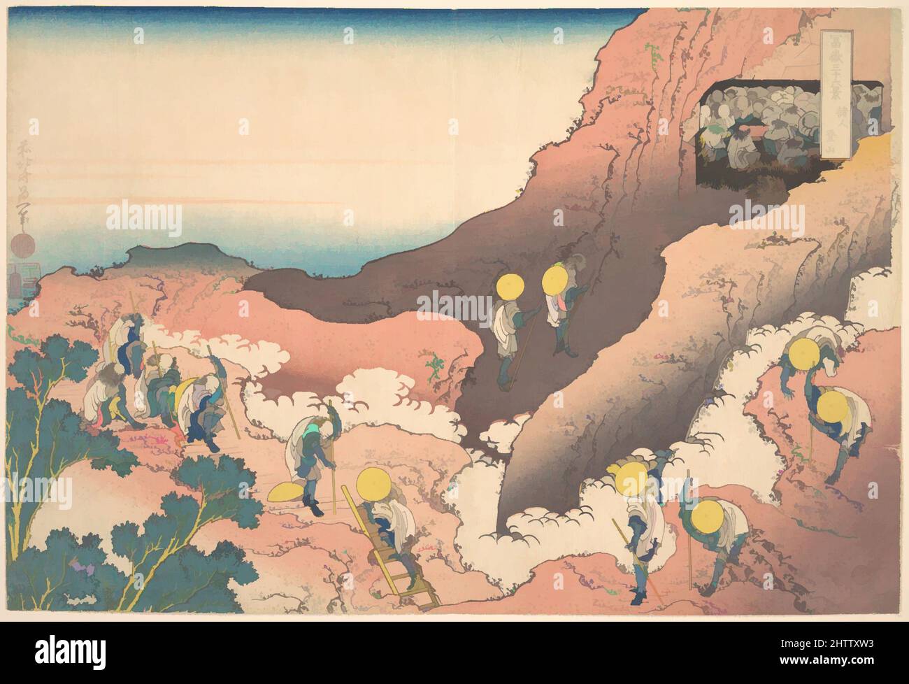 Kunst inspiriert von Bergsteigergruppen (Shojin tozan), aus der Serie 36 Ansichten des Fuji-Berges (Fugaku sanjūrokkei), 冨嶽三十六景 諸人登山, Edo-Zeit (1615–1868), ca. 1830–32, Japan, Polychromer Holzschnitt; Tusche und Farbe auf Papier, H. 10 Zoll (25,4 cm); B: 14 3/4 Zoll (37,5 cm, Classic Works modernisiert von Artotop mit einem Schuss Moderne. Formen, Farbe und Wert, auffällige visuelle Wirkung auf Kunst. Emotionen durch Freiheit von Kunstwerken auf zeitgemäße Weise. Eine zeitlose Botschaft, die eine wild kreative neue Richtung verfolgt. Künstler, die sich dem digitalen Medium zuwenden und die Artotop NFT erschaffen Stockfoto