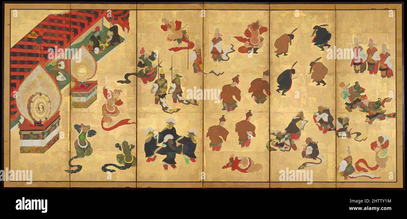 Kunst, inspiriert von den Bugaku-Tänzern, Edo-Zeit (1615–1868), Japan, sechsteiliger Bildschirm; Tinte, Farbe und Gold auf vergoldetem Papier, Bild: 69 3/8 x 146 3/8 Zoll (176,2 x 371,8 cm), Leinwände, Kano Yasunobu (japanisch, 1613–1685), die kostümierten Tänze, die als Bugaku bekannt sind, sind in japanischen Hofe üblich, klassische Werke, die von Artotop mit einem Schuss Modernität modernisiert wurden. Formen, Farbe und Wert, auffällige visuelle Wirkung auf Kunst. Emotionen durch Freiheit von Kunstwerken auf zeitgemäße Weise. Eine zeitlose Botschaft, die eine wild kreative neue Richtung verfolgt. Künstler, die sich dem digitalen Medium zuwenden und die Artotop NFT erschaffen Stockfoto