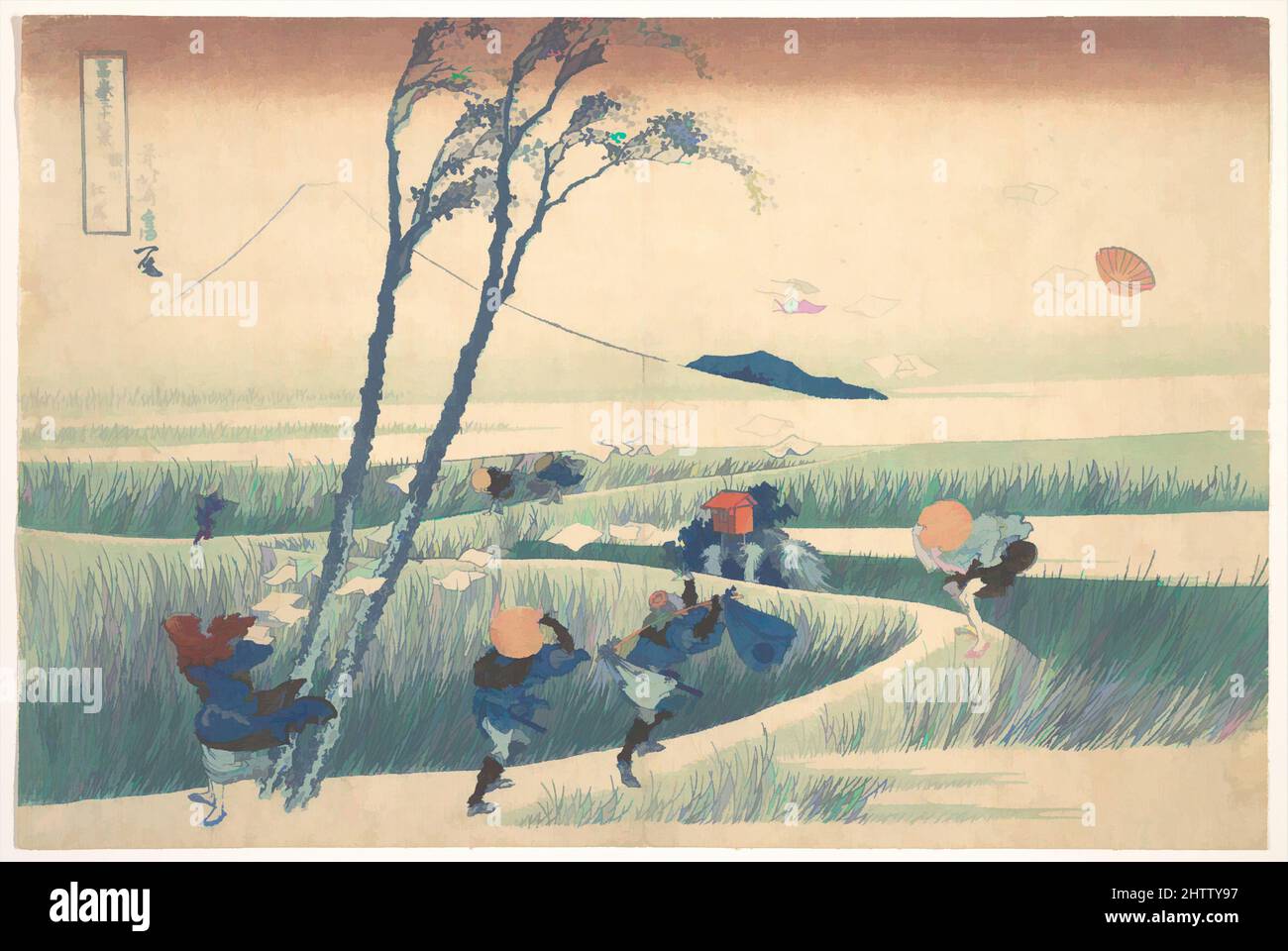 In ejiri Suruga Provinz (Sunshū Ejiri), aus der Serie 36 Ansichten des Berges Fuji (Fugaku sanjūrokkei), 冨嶽三十六景 駿州江尻, Edo Periode (1615 - 1868), Ca. 1830-32, Japan, Polychrome Holzschnitt; Tinte und Farbe auf Papier, Oban 9 7/8 x 14 3/4 in. (25,1 x 37,5 cm), Drucke, Katsushika Hokusai (Japanisch, Tokyo (EDO) 1760 - 1849 Tokyo (EDO)), Mount Fuji ist ohne Wolken, welche vermutlich durch starke Windböen ausgeblasen wurden gezeigt. Reisende entlang einer gewundenen Pfad auf der Tōkaidō highway Kampf gegen die Böen, die Rippen Papiere sind von einer Packung und Hüte aus ihren Köpfen Stockfoto