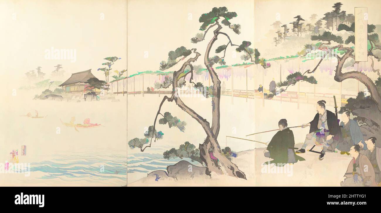 Kunst inspiriert von Chiyoda Castle (Album of Men), Meiji-Zeit (1868–1912), 1897, Japan, Triptychon polychromer Holzschnitte; Tinte und Farbe auf Papier, L. (Seite) 13 7/8 Zoll (35,2 cm); W. (Seite) 9 1/4 Zoll (23,4 cm); Dicke des Albums 1 9/16 Zoll (4 cm), Drucke, Yōshū (Hashimoto, Klassisches Werk, das von Artotop mit einem Schuss Moderne modernisiert wurde. Formen, Farbe und Wert, auffällige visuelle Wirkung auf Kunst. Emotionen durch Freiheit von Kunstwerken auf zeitgemäße Weise. Eine zeitlose Botschaft, die eine wild kreative neue Richtung verfolgt. Künstler, die sich dem digitalen Medium zuwenden und die Artotop NFT erschaffen Stockfoto