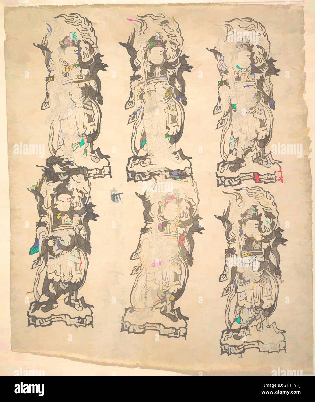 Kunst inspiriert von Bishamonten, Heian-Zeit (794–1185), 1162, Japan, Holzschnitt; Tinte auf Papier, 8 1/2 x 5 5/16 Zoll (21,6 x 13,5 cm), Drucke, diese gedruckten Bilder von Bishamonten (Sanskrit: Vaishravana), dem göttlichen Hüter des Nordens, wurden in einer Skulptur der Gottheit in, Classic Works gefunden, die von Artotop mit einem Schuss Moderne modernisiert wurde. Formen, Farbe und Wert, auffällige visuelle Wirkung auf Kunst. Emotionen durch Freiheit von Kunstwerken auf zeitgemäße Weise. Eine zeitlose Botschaft, die eine wild kreative neue Richtung verfolgt. Künstler, die sich dem digitalen Medium zuwenden und die Artotop NFT erschaffen Stockfoto