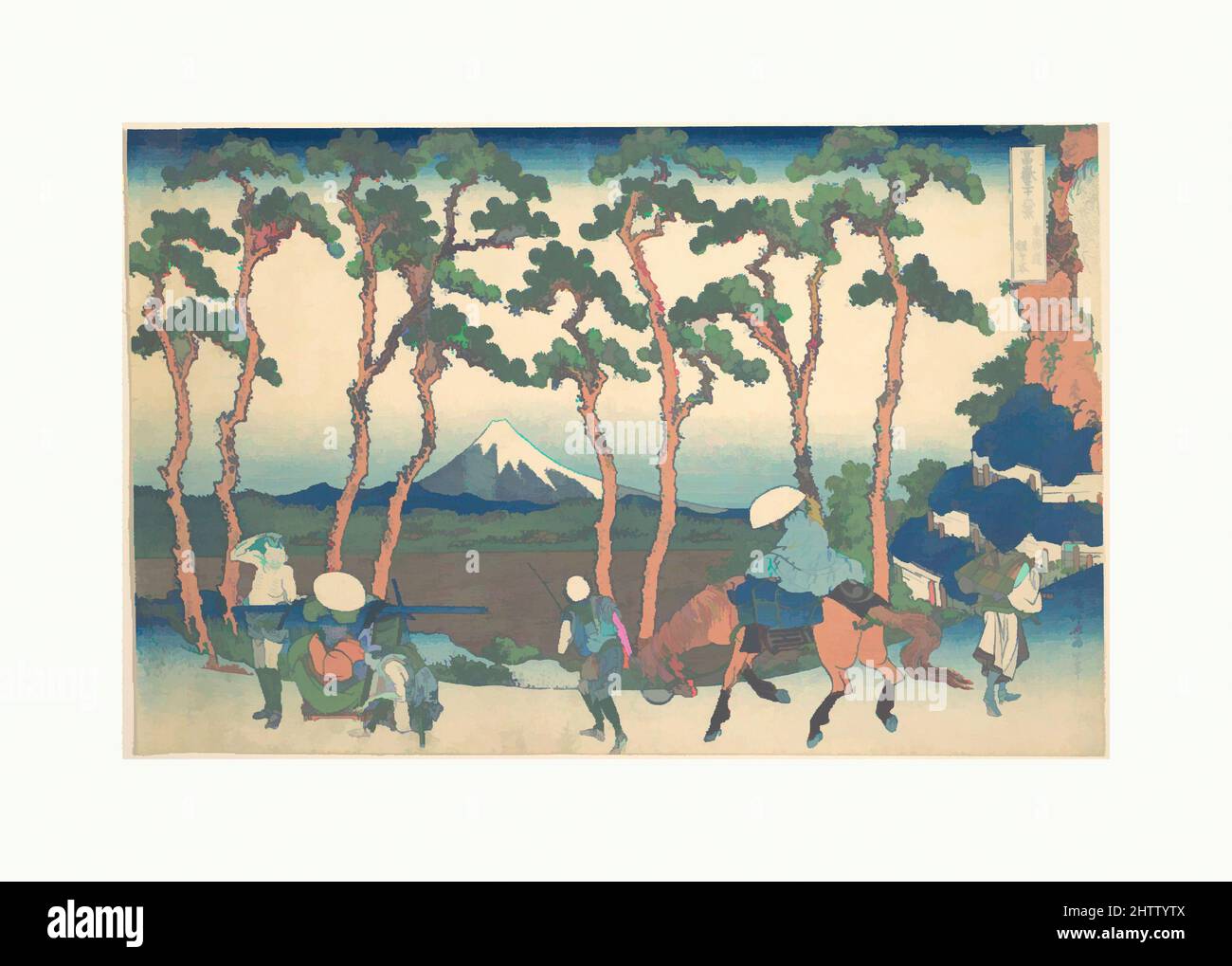 Kunst inspiriert von Hodogaya auf der Tōkaidō (Tōkaidō Hodogaya), aus der Serie 36 Ansichten des Fuji-Berges (Fugaku sanjūrokkei), 冨嶽三十六景 東海道保土ケ谷, Edo-Periode (1615–1868), ca. 1830–32, Japan, Polychromer Holzschnitt; Tinte und Farbe auf Papier, 9 5/8 x 14 7/8 Zoll (24,4 x 37,8 cm), Drucke, von Artotop modernisierte Klassiker mit einem Schuss Moderne. Formen, Farbe und Wert, auffällige visuelle Wirkung auf Kunst. Emotionen durch Freiheit von Kunstwerken auf zeitgemäße Weise. Eine zeitlose Botschaft, die eine wild kreative neue Richtung verfolgt. Künstler, die sich dem digitalen Medium zuwenden und die Artotop NFT erschaffen Stockfoto