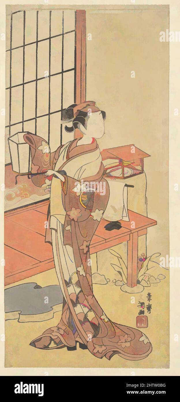 Kunst inspiriert von Segawa Kikunojo II, Edo-Zeit (1615–1868), ca. 1772, Japan, Polychromer Holzschnitt; Tinte und Farbe auf Papier, Hosoe: 12 7/16 x 5 7/8 Zoll (31,6 x 14,9 cm), Drucke, Ippitsusai Bunchō (japanisch, aktiv 1760–1794, Klassisches Werk, modernisiert von Artotop mit einem Schuss Moderne. Formen, Farbe und Wert, auffällige visuelle Wirkung auf Kunst. Emotionen durch Freiheit von Kunstwerken auf zeitgemäße Weise. Eine zeitlose Botschaft, die eine wild kreative neue Richtung verfolgt. Künstler, die sich dem digitalen Medium zuwenden und die Artotop NFT erschaffen Stockfoto