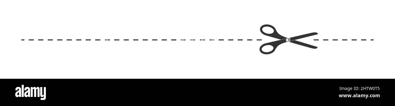 Schere schneidet gepunktete Linie. Hier ein grafisches Piktogramm für Coupon, Gutschein, Etikett, Papierseite ausschneiden. Einfache Vektordarstellung auf weißem Hintergrund isoliert Stock Vektor