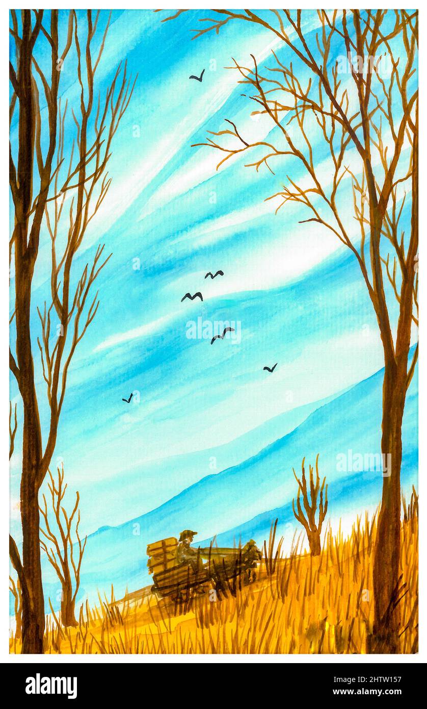 Aquarellmalerei. Ein Bauer auf einem Weizenfeld. Stockfoto