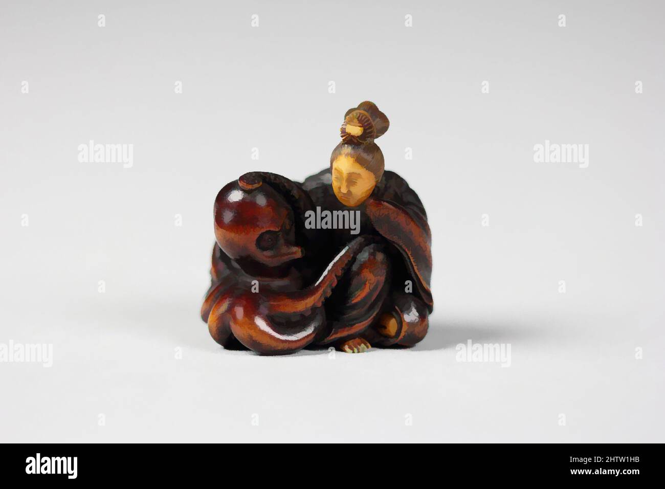 Art inspired by Netsuke of Octopus and Woman, 19. Century, Japan, Wood, H. 1 1/2 in. (3,8 cm); B: 1 3/8 Zoll (3,5 cm); D. 1 1/4 Zoll (3,2 cm), Netsuke, Classic Works modernisiert von Artotop mit einem Schuss Moderne. Formen, Farbe und Wert, auffällige visuelle Wirkung auf Kunst. Emotionen durch Freiheit von Kunstwerken auf zeitgemäße Weise. Eine zeitlose Botschaft, die eine wild kreative neue Richtung verfolgt. Künstler, die sich dem digitalen Medium zuwenden und die Artotop NFT erschaffen Stockfoto