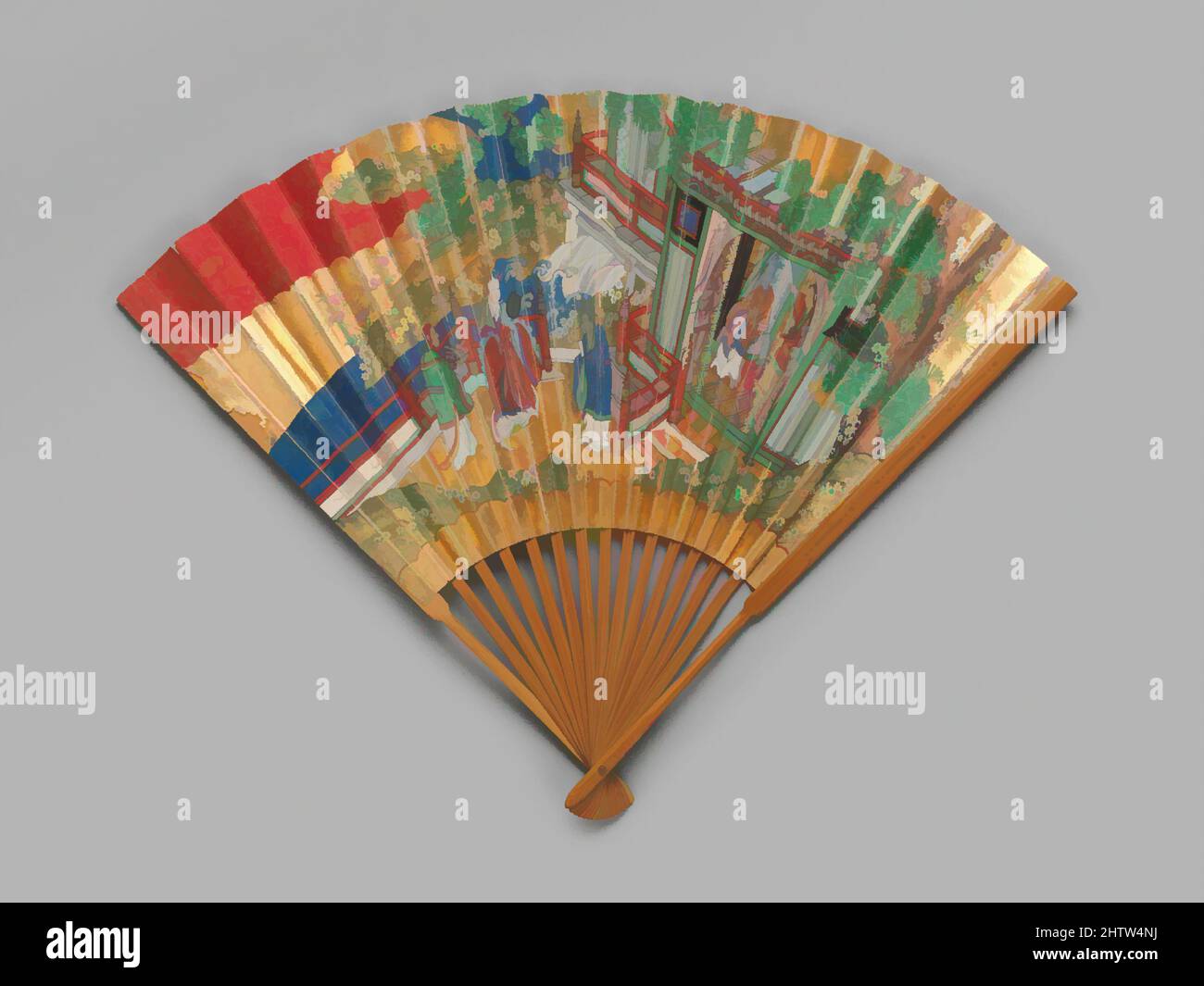 Kunst inspiriert von Chūkei Fan, Edo-Zeit (1615–1868), 19. Jahrhundert, Japan, Tinte, Farbe und Blattgold auf Papier; Bambus und Lack, 13 1/4 × 19 Zoll (33,7 × 48,3 cm), Fans, in den raffinierten und vereinfachten Aufführungen des Noh-Theaters spielt der Fan eine wichtige Rolle bei der Abgrenzung von klassischen Werken, die von Artotop mit einem Schuss Moderne modernisiert wurden. Formen, Farbe und Wert, auffällige visuelle Wirkung auf Kunst. Emotionen durch Freiheit von Kunstwerken auf zeitgemäße Weise. Eine zeitlose Botschaft, die eine wild kreative neue Richtung verfolgt. Künstler, die sich dem digitalen Medium zuwenden und die Artotop NFT erschaffen Stockfoto