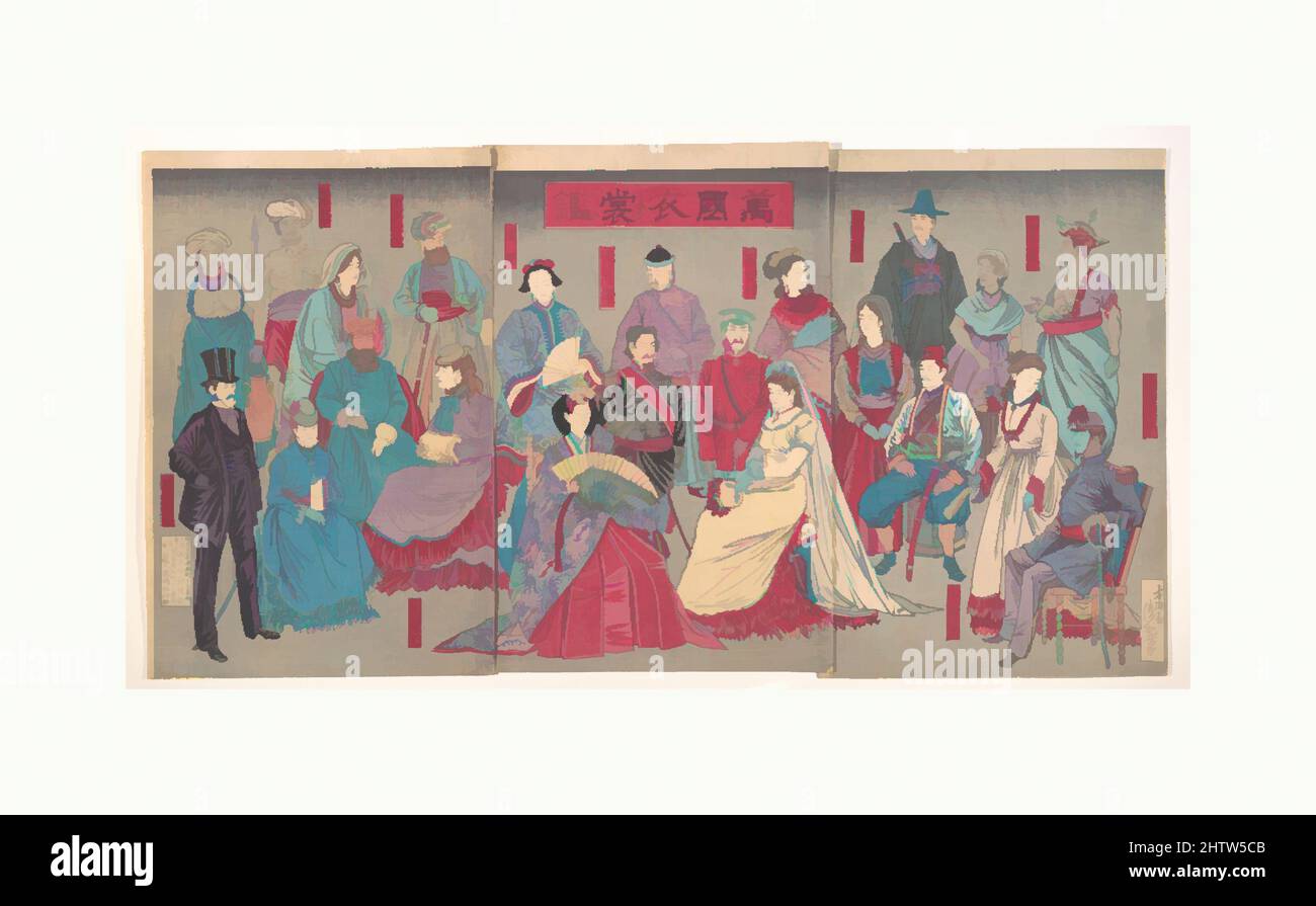 Kunst inspiriert von Spiegel nationaler Kostüme aller Nationen (Bankoku ishō kagami), 『万国衣装鑑』, Meiji-Periode (1868–1912), 1882, Japan, Triptychon aus polychromen Holzschnitten; Tinte und Farbe auf Papier, Bild (A): 14 x 9 1/4 Zoll (35,6 x 23,5 cm), Drucke, Kobayashi Kiyochika (japanisch, 1847–, Klassisches Werk, modernisiert von Artotop mit einem Schuss Moderne. Formen, Farbe und Wert, auffällige visuelle Wirkung auf Kunst. Emotionen durch Freiheit von Kunstwerken auf zeitgemäße Weise. Eine zeitlose Botschaft, die eine wild kreative neue Richtung verfolgt. Künstler, die sich dem digitalen Medium zuwenden und die Artotop NFT erschaffen Stockfoto