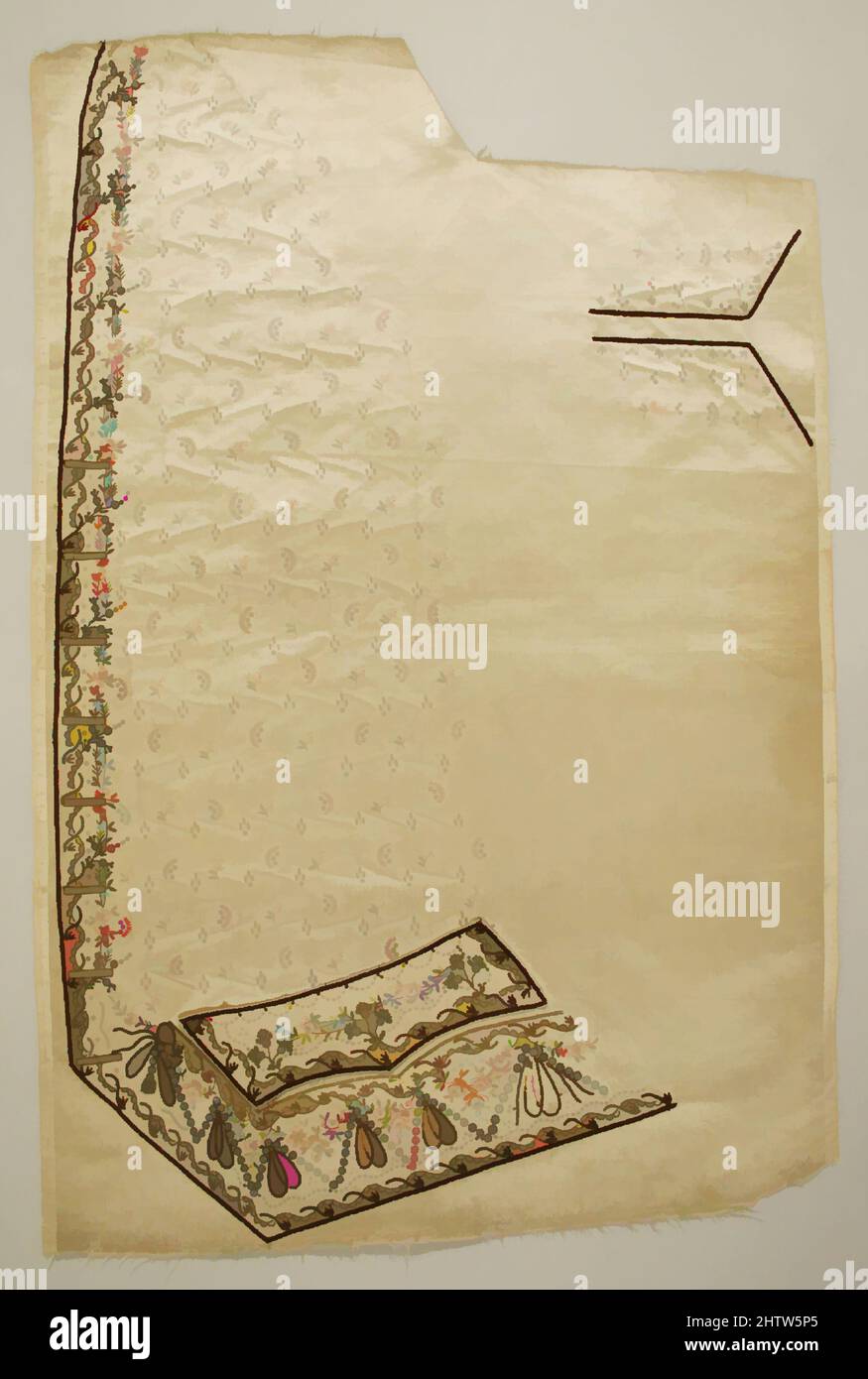 Kunst inspiriert von Weste-Panels, ca. 1780, wahrscheinlich französisch, Seidensatinbestickt mit Seide, Metallfaden und Pailletten, Länge ((a) rechts): 30 Zoll (76,2 cm), Textilien bestickt, Klassisches Werk, modernisiert von Artotop mit einem Schuss Moderne. Formen, Farbe und Wert, auffällige visuelle Wirkung auf Kunst. Emotionen durch Freiheit von Kunstwerken auf zeitgemäße Weise. Eine zeitlose Botschaft, die eine wild kreative neue Richtung verfolgt. Künstler, die sich dem digitalen Medium zuwenden und die Artotop NFT erschaffen Stockfoto