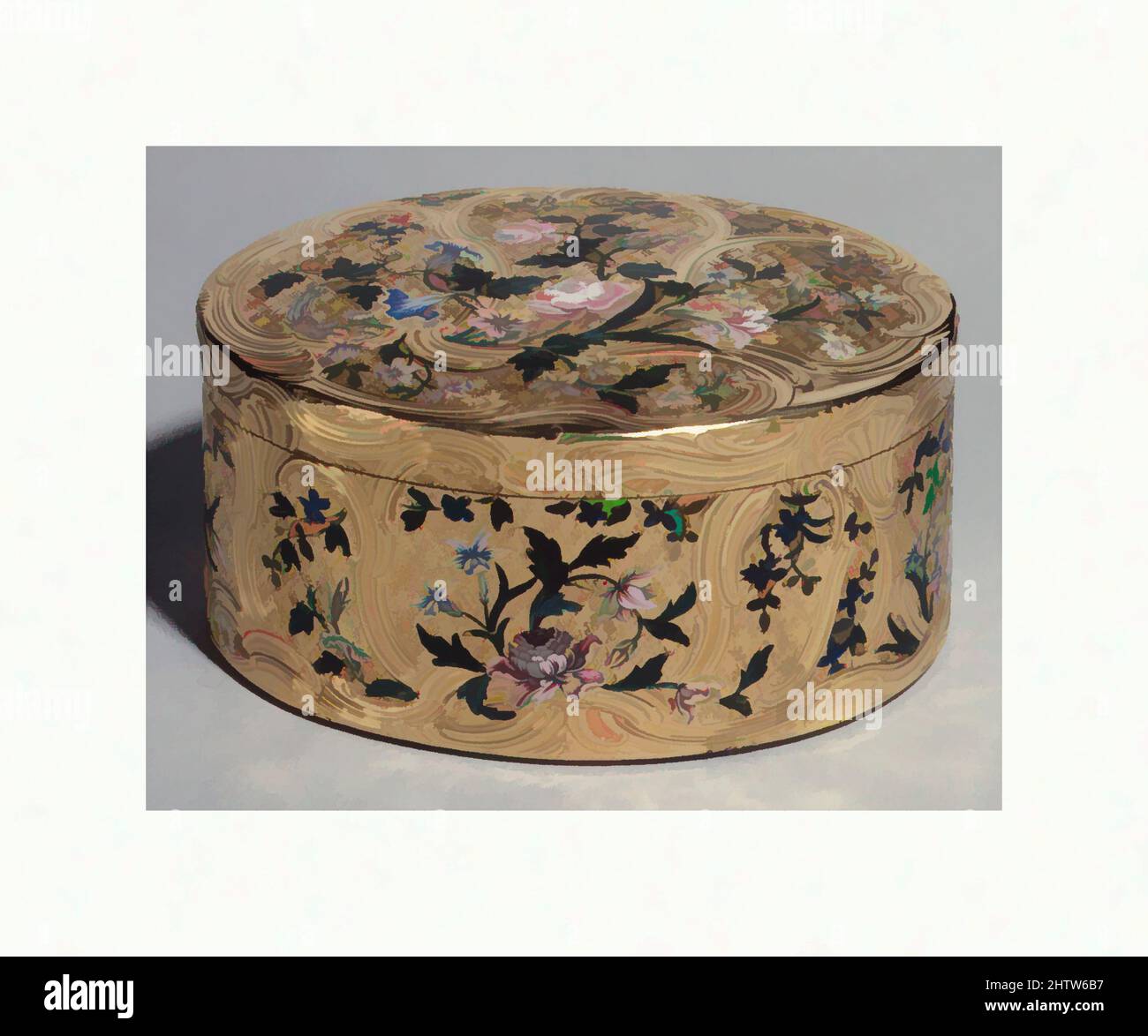 Kunst inspiriert von Snuffbox, Jean-François Garand (Meister 1748, gestorben 1778), 1751–52, Französisch, Paris, Gold, Emaille, 1 11/16 x 3 3/8 Zoll (4,3 x 8,6cm), Metallarbeiten-Gold und Platin, Jean-François Garand (Meister 1748, gestorben 1778), die Box ist eine von mindestens sechs ähnlich emaillierten und von Artotop modernisierten Klassischen Werken mit einem Schuss Moderne. Formen, Farbe und Wert, auffällige visuelle Wirkung auf Kunst. Emotionen durch Freiheit von Kunstwerken auf zeitgemäße Weise. Eine zeitlose Botschaft, die eine wild kreative neue Richtung verfolgt. Künstler, die sich dem digitalen Medium zuwenden und die Artotop NFT erschaffen Stockfoto