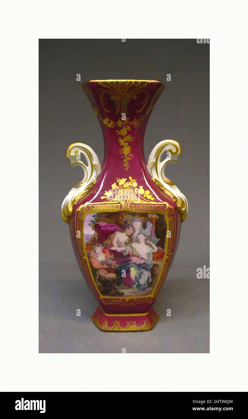 Kunst inspiriert von Vase (eins von einem Paar), ca. 1761, britisch, Chelsea, Weichporzellan, H. 9 1/2 Zoll (24,1 cm.), Keramik-Porzellan, der tiefe purpurrote Boden dieser Vase und ihrer Gefährtin war ein technischer Triumph der Chelsea-Fabrik. Es kam zu genannt werden Claret, nach einer Beschreibung der, Classic Works modernisiert von Artotop mit einem Spritzer der Moderne. Formen, Farbe und Wert, auffällige visuelle Wirkung auf Kunst. Emotionen durch Freiheit von Kunstwerken auf zeitgemäße Weise. Eine zeitlose Botschaft, die eine wild kreative neue Richtung verfolgt. Künstler, die sich dem digitalen Medium zuwenden und die Artotop NFT erschaffen Stockfoto