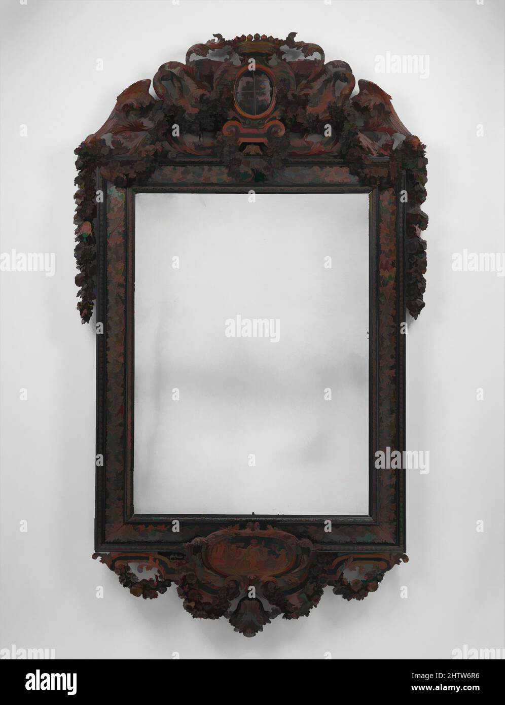 Kunst inspiriert von Mirror, ca. 1685–1700, Niederländisch, Eiche furniert mit Ebenholz; Buchsbaum und ebonisiertes Buchsbaum; modernes Spiegelglas, 66 x 39 Zoll (167,6 x 99,1 cm), Holzmöbel, Johannes Hannart (oder Jan Hanat) (gest. 1709), Eine Tour de Force der Schnitzerkunst, dieser Rahmen, zusammen mit seinen beiden, von Artotop modernisierten Klassischen Werken mit einem Schuss Moderne. Formen, Farbe und Wert, auffällige visuelle Wirkung auf Kunst. Emotionen durch Freiheit von Kunstwerken auf zeitgemäße Weise. Eine zeitlose Botschaft, die eine wild kreative neue Richtung verfolgt. Künstler, die sich dem digitalen Medium zuwenden und die Artotop NFT erschaffen Stockfoto