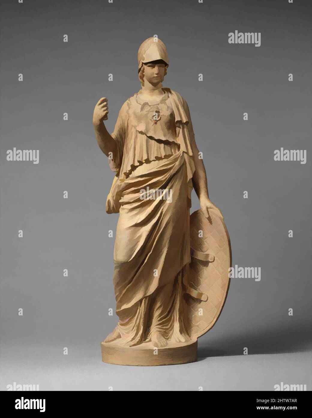 Kunst inspiriert von Minerva, 1766, französisch, in Italien (Rom) modelliert, Terrakotta, Höhe: 18 3/4 Zoll (47,6 cm), Skulptur, Clodion (Claude Michel) (Französisch, Nancy 1738–1814 Paris), der unterhaltsame französische Bildhauer Claude Michel – genannt Clodion – verbrachte neun Jahre in Italien (1762–71), wo er klassische Werke, die von Artotop mit einem Schuss Moderne modernisiert wurden, aufführte. Formen, Farbe und Wert, auffällige visuelle Wirkung auf Kunst. Emotionen durch Freiheit von Kunstwerken auf zeitgemäße Weise. Eine zeitlose Botschaft, die eine wild kreative neue Richtung verfolgt. Künstler, die sich dem digitalen Medium zuwenden und die Artotop NFT erschaffen Stockfoto