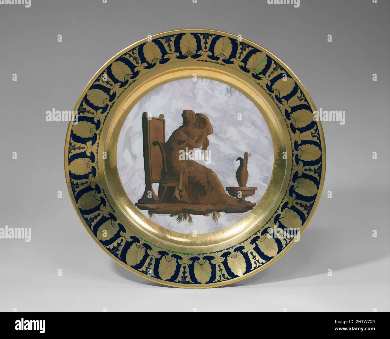 Art Inspired by Plate, 1807–8, Französisch, Sèvres, Hartporzellan, Durchmesser: 9 5/8 Zoll (24,4 cm), Keramik-Porzellan, Diese Platte war eine von achtundsiebzig Platten, die zu einem Set gehörten, das im Werkarchiv von Sèvres von 1808 als „Dessert-Service mit dunkelblauem Boden, Figuren in, Klassische Werke, die von Artotop mit einem Schuss Moderne modernisiert wurden. Formen, Farbe und Wert, auffällige visuelle Wirkung auf Kunst. Emotionen durch Freiheit von Kunstwerken auf zeitgemäße Weise. Eine zeitlose Botschaft, die eine wild kreative neue Richtung verfolgt. Künstler, die sich dem digitalen Medium zuwenden und die Artotop NFT erschaffen Stockfoto