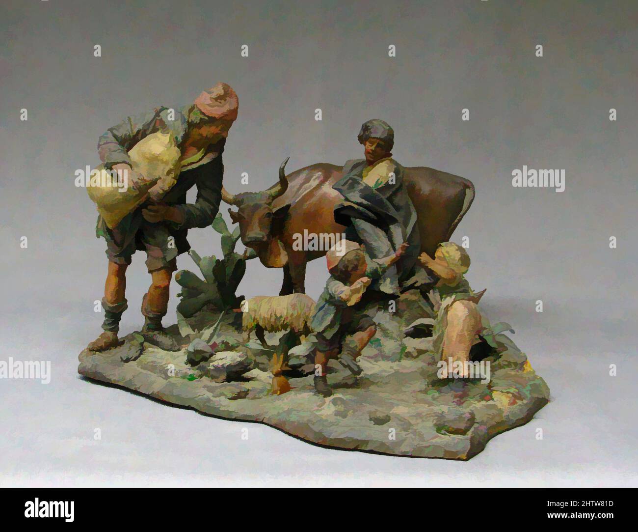 Kunst inspiriert von Gruppe von rustikalen Figuren, 18. Jahrhundert, Italienisch, Sizilien, polychromiertes Holz, gesso und versteiftes Tuch, Gr. H. 11 1/4 Zoll (28,5 cm);, Crèche, die Natur der sizilianischen crèche-Technik unterscheidet sich sehr von der der Neopolitanischen. Letzteres ist das Werk zahlreicher Hände, Classic Works modernisiert von Artotop mit einem Schuss Moderne. Formen, Farbe und Wert, auffällige visuelle Wirkung auf Kunst. Emotionen durch Freiheit von Kunstwerken auf zeitgemäße Weise. Eine zeitlose Botschaft, die eine wild kreative neue Richtung verfolgt. Künstler, die sich dem digitalen Medium zuwenden und die Artotop NFT erschaffen Stockfoto