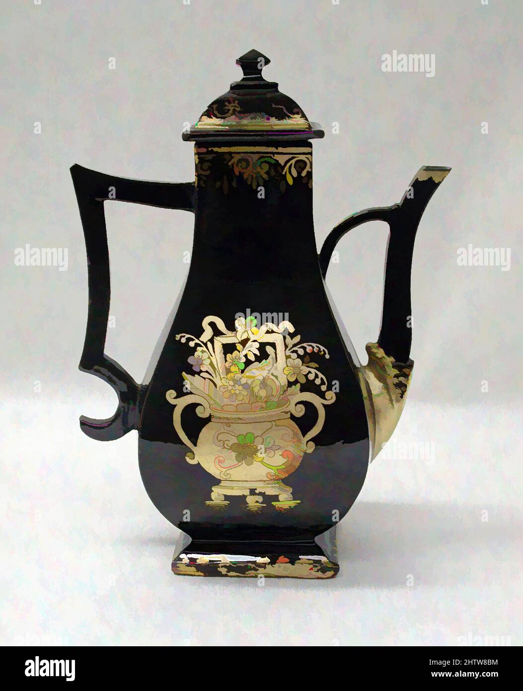 Kunst inspiriert von Coffeepot, ca. 1735–40, deutsch, Bayreuth, Steingut, bleiglasiert und vergoldet, Höhe: 7 1/4 Zoll (18,4 cm), Keramik-Keramik, Klassisches Werk, modernisiert von Artotop mit einem Schuss Moderne. Formen, Farbe und Wert, auffällige visuelle Wirkung auf Kunst. Emotionen durch Freiheit von Kunstwerken auf zeitgemäße Weise. Eine zeitlose Botschaft, die eine wild kreative neue Richtung verfolgt. Künstler, die sich dem digitalen Medium zuwenden und die Artotop NFT erschaffen Stockfoto