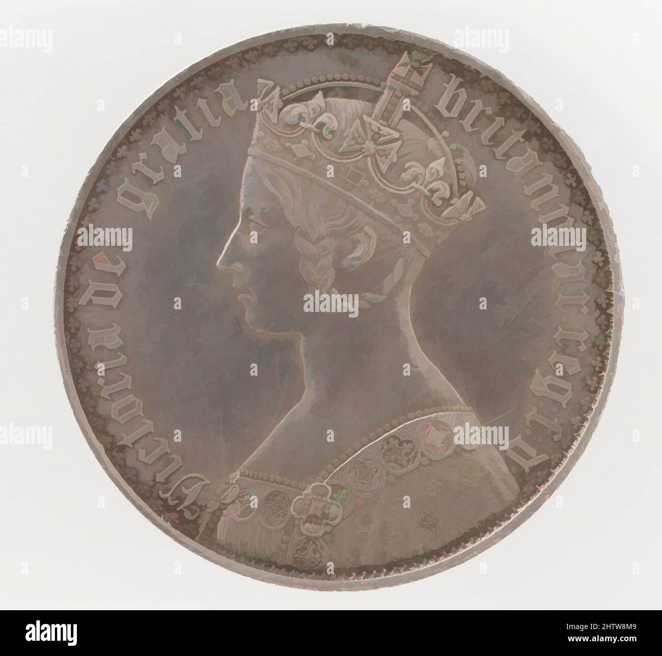 Kunst inspiriert von Victoria „Gothic“ Crown, William Wyon (British, Birmingham 1795–1851 Brighton), 1847, British, Silber, Durchm. 155 mm., Coins, William Wyon (British, Birmingham 1795–1851 Brighton, Classic Works Modernised by Artotop with a Splash of Modernity. Formen, Farbe und Wert, auffällige visuelle Wirkung auf Kunst. Emotionen durch Freiheit von Kunstwerken auf zeitgemäße Weise. Eine zeitlose Botschaft, die eine wild kreative neue Richtung verfolgt. Künstler, die sich dem digitalen Medium zuwenden und die Artotop NFT erschaffen Stockfoto