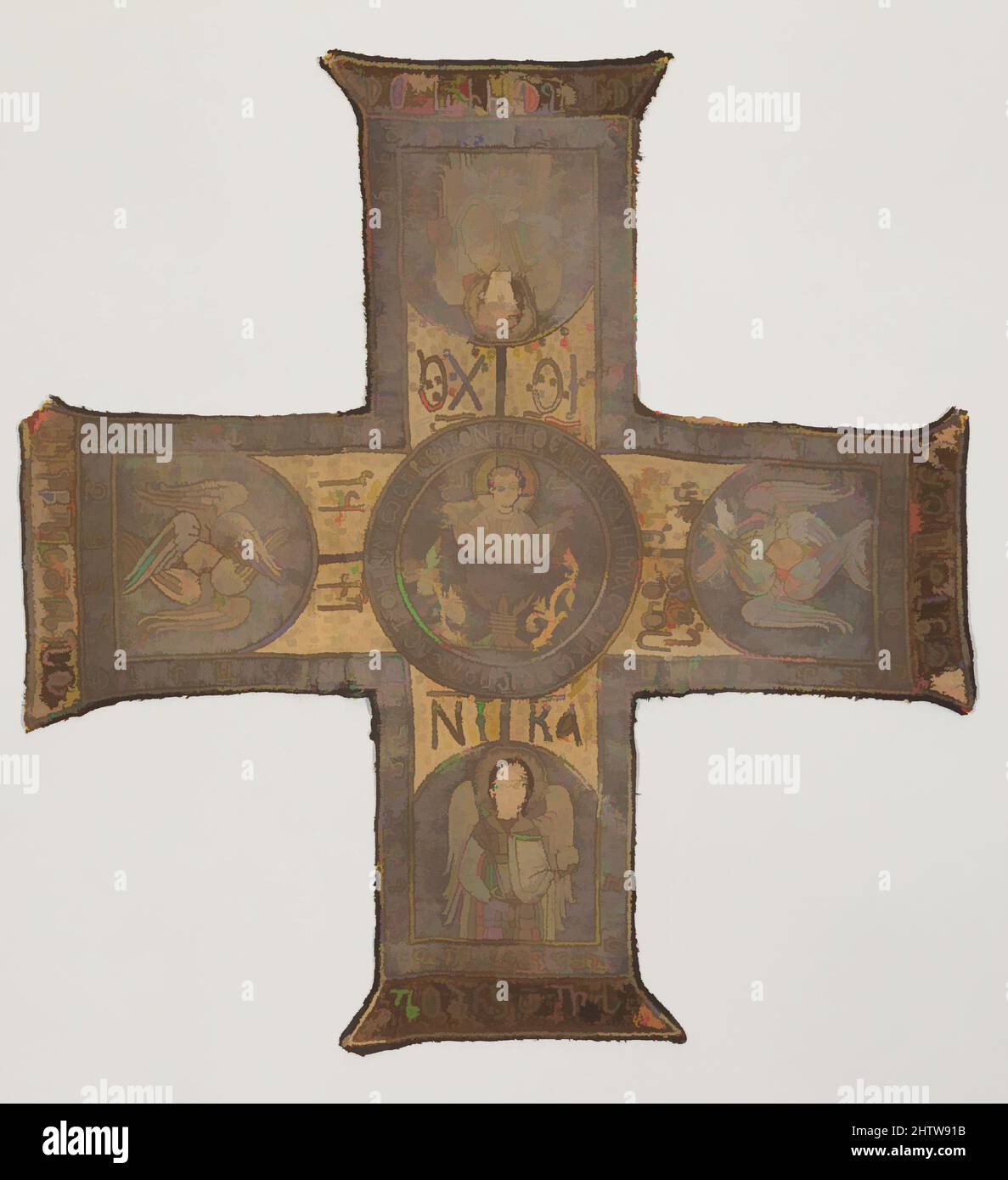 Kunst inspiriert von Kelch Cover, Ende 15. Jahrhundert, Georgisch, Abkhasia, Seide und Metall Thread Stickerei auf einem Fundament aus Seide Satin mit Leinenbindung, 16 3/4 × 17 in. (42,5 × 43,2 cm), Textilien-bestickt, dieser Schleier bildete eine boxartige Abdeckung für den Kelch während der Portionen, Classic Works modernisiert von Artotop mit einem Schuss Moderne. Formen, Farbe und Wert, auffällige visuelle Wirkung auf Kunst. Emotionen durch Freiheit von Kunstwerken auf zeitgemäße Weise. Eine zeitlose Botschaft, die eine wild kreative neue Richtung verfolgt. Künstler, die sich dem digitalen Medium zuwenden und die Artotop NFT erschaffen Stockfoto