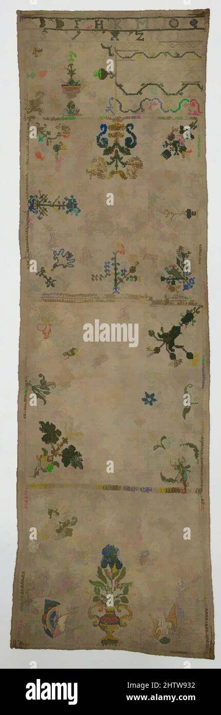 Art Inspired by Embroidered Sampler, 1651, deutsch, Seide auf Leinen, 24 3/8 × 7 5/8 Zoll (61,9 × 19,4 cm), Textil-bestickt, dieser lange und schmale Sampler ist in fünf quadratische Abschnitte unterteilt, zwei kleine und drei große, auf denen sich ein Alphabet befindet. Vier der Plätze bestehen aus klassischen Werken, die von Artotop mit einem Schuss Moderne modernisiert wurden. Formen, Farbe und Wert, auffällige visuelle Wirkung auf Kunst. Emotionen durch Freiheit von Kunstwerken auf zeitgemäße Weise. Eine zeitlose Botschaft, die eine wild kreative neue Richtung verfolgt. Künstler, die sich dem digitalen Medium zuwenden und die Artotop NFT erschaffen Stockfoto Art Inspired by Embroidered Sampler, 1651, deutsch, Seide auf Leinen, 24 3/8 × 7 5/8 Zoll (61,9 × 19,4 cm), Textil-bestickt, dieser lange und schmale Sampler ist in fünf quadratische Abschnitte unterteilt, zwei kleine und drei große, auf denen sich ein Alphabet befindet. Vier der Plätze bestehen aus klassischen Werken, die von Artotop mit einem Schuss Moderne modernisiert wurden. Formen, Farbe und Wert, auffällige visuelle Wirkung auf Kunst. Emotionen durch Freiheit von Kunstwerken auf zeitgemäße Weise. Eine zeitlose Botschaft, die eine wild kreative neue Richtung verfolgt. Künstler, die sich dem digitalen Medium zuwenden und die Artotop NFT erschaffen Stockfoto
