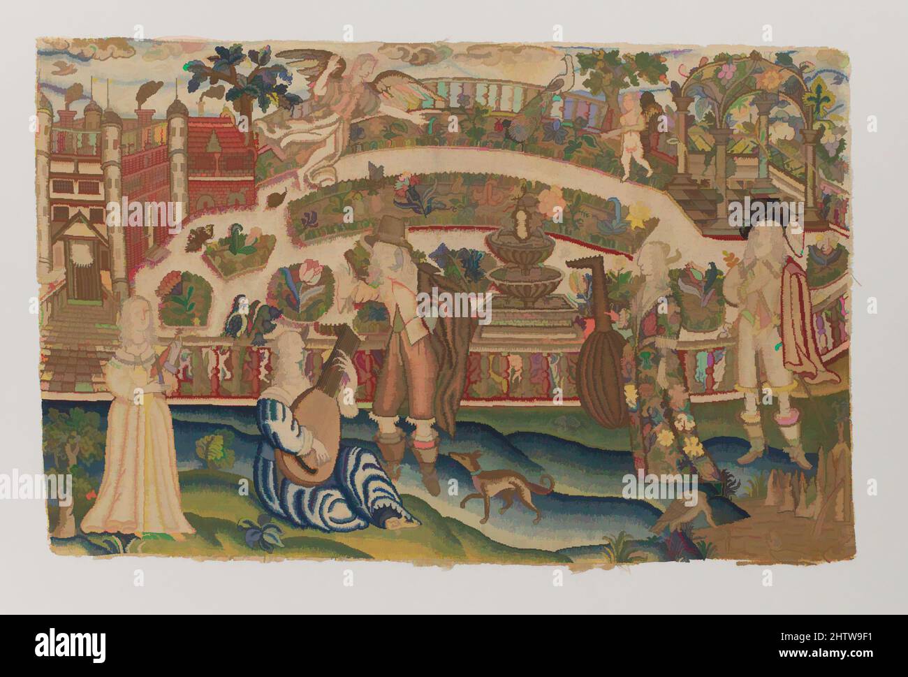 Art Inspired by Musical Party in a Garden, 1647, britisch, Leinwand gearbeitet mit Seidenfaden; Zeltstich, insgesamt: 13 3/4 x 21 1/4 Zoll (34,9 x 54 cm), mit Textilstickerei, während es in England eine lange Tradition außergewöhnlicher professioneller Stickerei gibt, hat die häusliche Nadelarbeit eine von Artotop modernisierte klassische Arbeit mit einem Schuss Modernität erreicht. Formen, Farbe und Wert, auffällige visuelle Wirkung auf Kunst. Emotionen durch Freiheit von Kunstwerken auf zeitgemäße Weise. Eine zeitlose Botschaft, die eine wild kreative neue Richtung verfolgt. Künstler, die sich dem digitalen Medium zuwenden und die Artotop NFT erschaffen Stockfoto