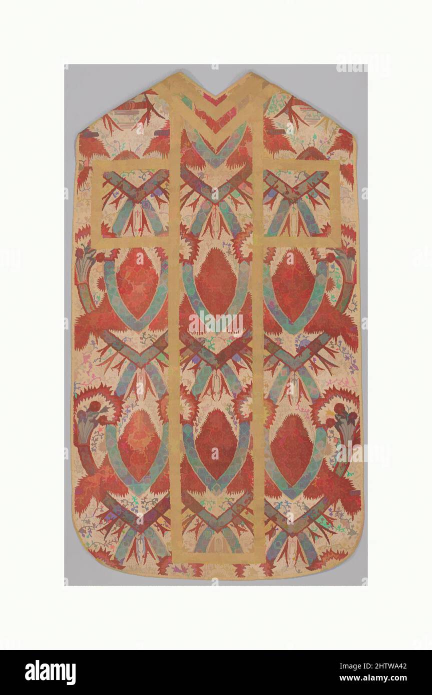 Kunst inspiriert von Chasuble, zweites Viertel 18. Jahrhundert, Inder, Coromandel Coast und Mitteleuropa, Baumwolle, gezeichnet und gemalt widerstehen und mordiant, gefärbt, Seidenbesatz, L. 47 1/2 im Rücken x Gr. W. 28 1/2 inches, Textiles-Painted, die eklektischen Muster auf diesem Chasuble wurden aus einem, von Artotop modernisierten, klassischen Werk mit einem Hauch von Modernität geschaffen. Formen, Farbe und Wert, auffällige visuelle Wirkung auf Kunst. Emotionen durch Freiheit von Kunstwerken auf zeitgemäße Weise. Eine zeitlose Botschaft, die eine wild kreative neue Richtung verfolgt. Künstler, die sich dem digitalen Medium zuwenden und die Artotop NFT erschaffen Stockfoto